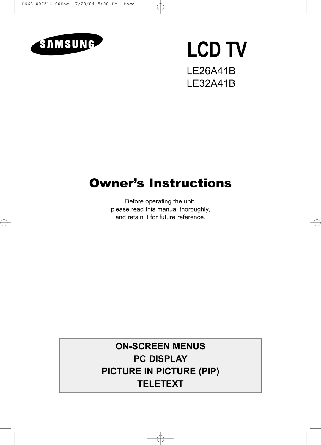 Samsung LE32A41B, LE26A41B manual Lcd Tv 