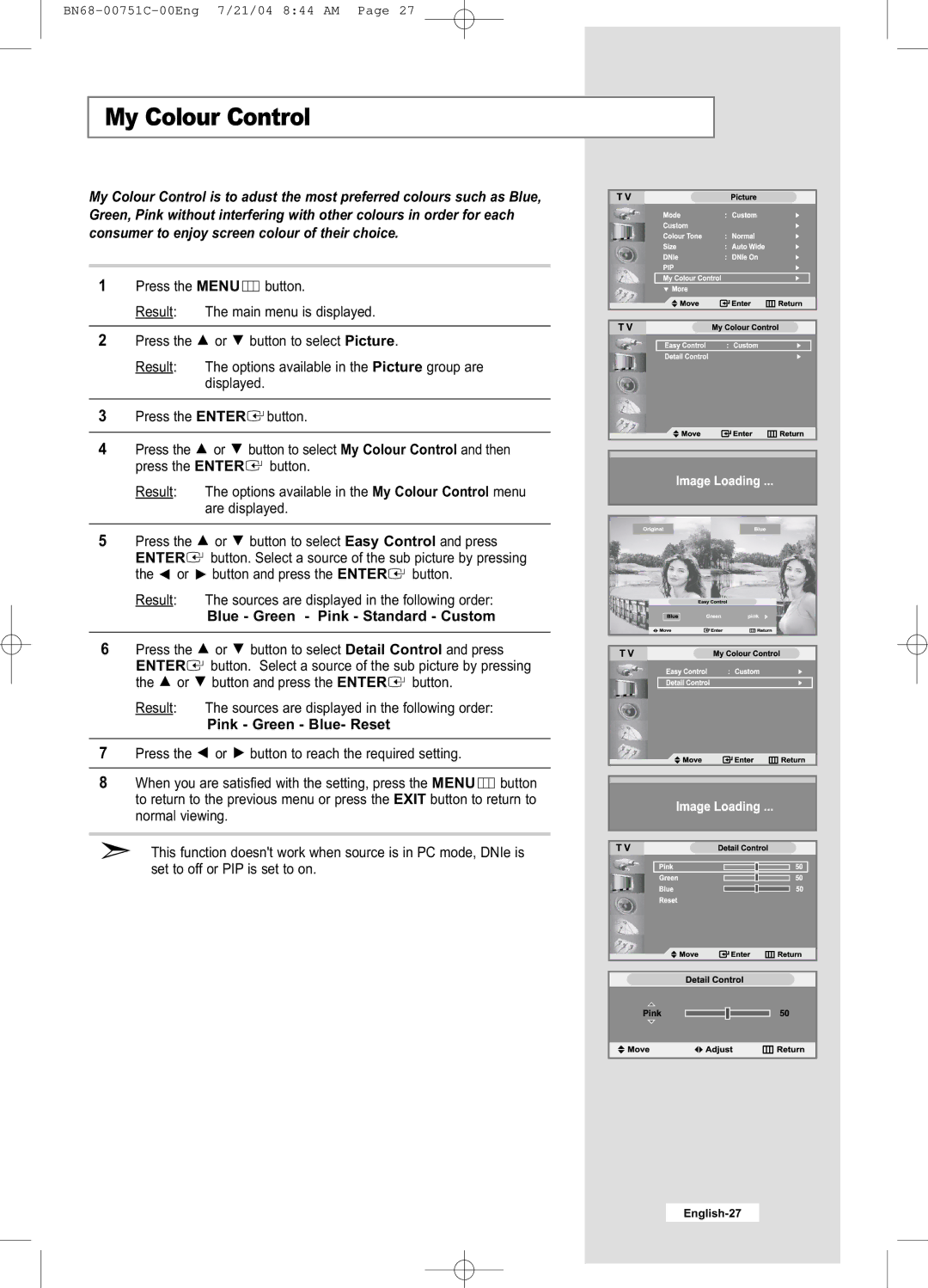 Samsung LE32A41B, LE26A41B manual My Colour Control, Blue Green Pink Standard Custom, Pink Green Blue- Reset 