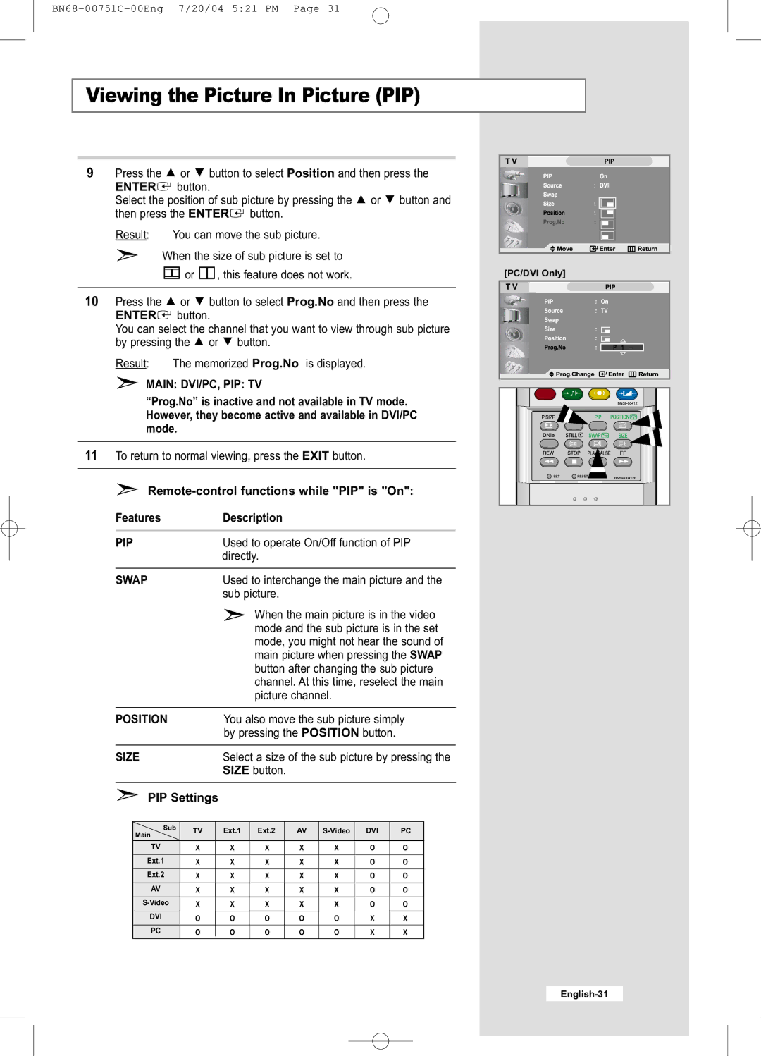 Samsung LE32A41B, LE26A41B manual Main DVI/PC, PIP TV, Pip, Swap, Position, Size 