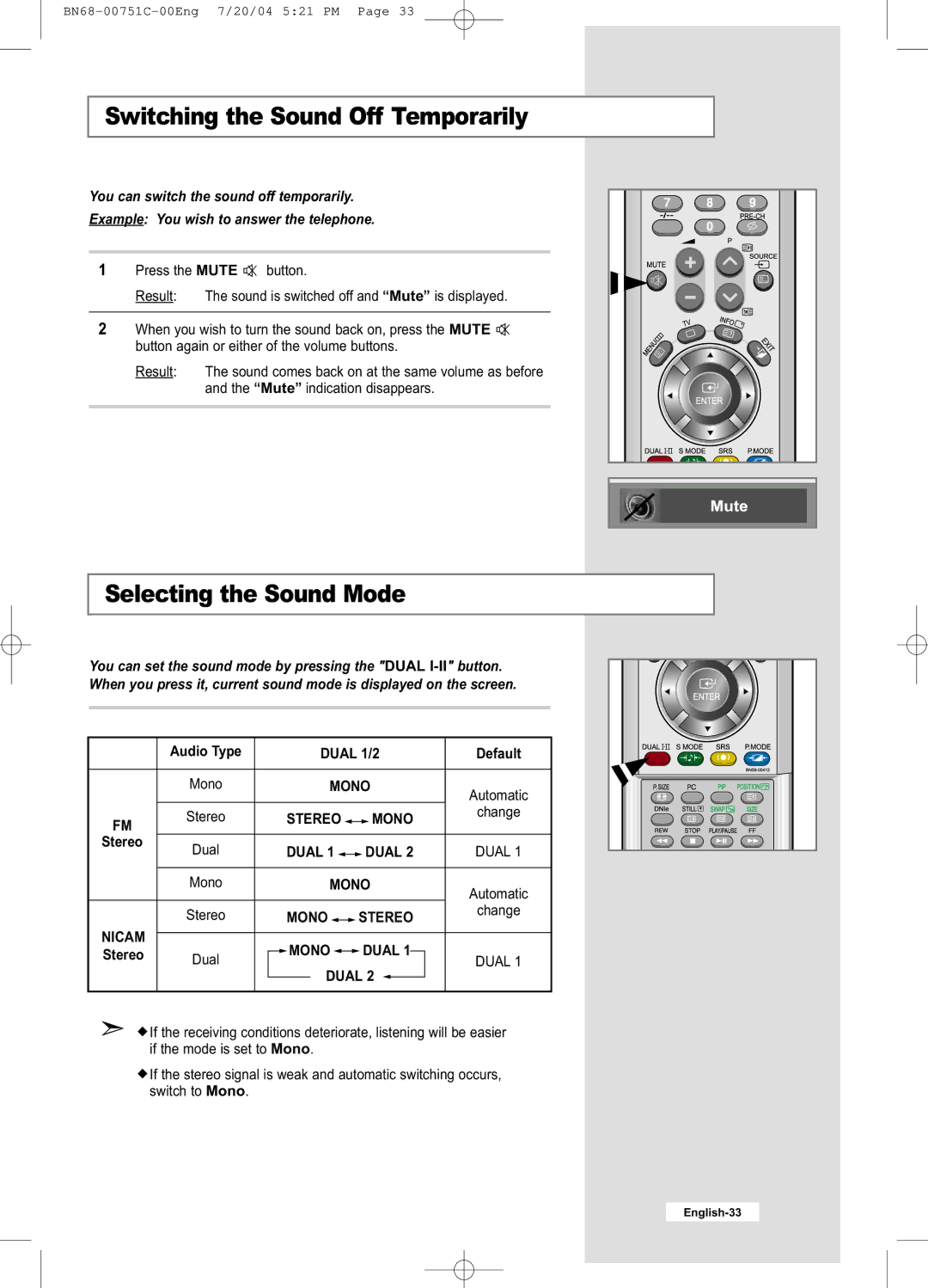 Samsung LE32A41B, LE26A41B manual Switching the Sound Off Temporarily, Selecting the Sound Mode 