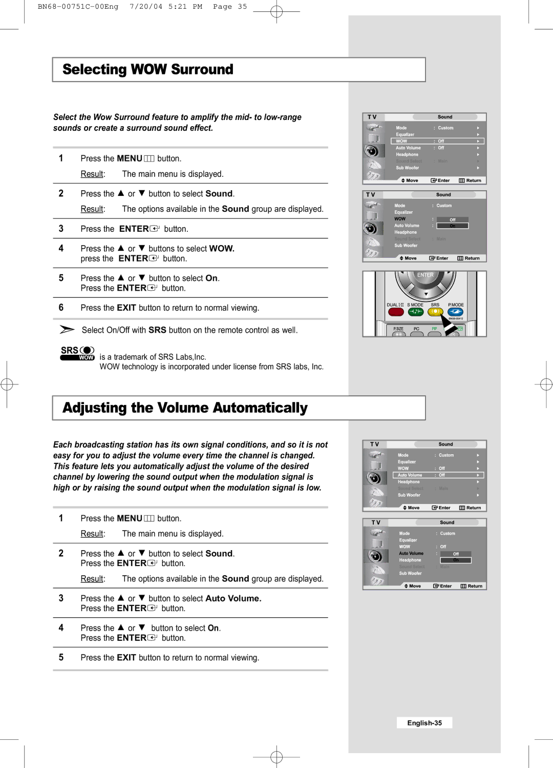 Samsung LE32A41B, LE26A41B manual Selecting WOW Surround, Adjusting the Volume Automatically 