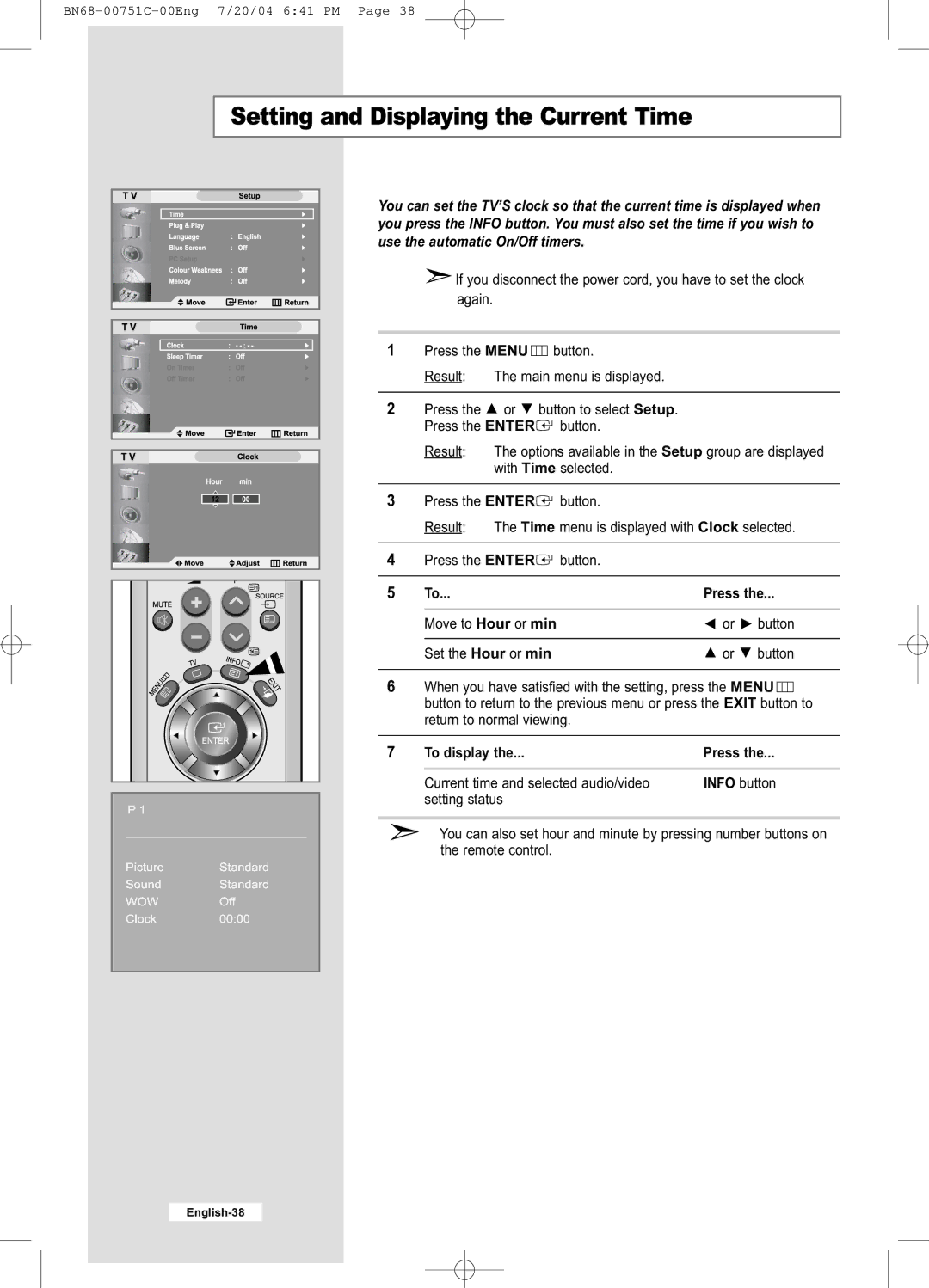 Samsung LE26A41B, LE32A41B manual Setting and Displaying the Current Time, To display Press 