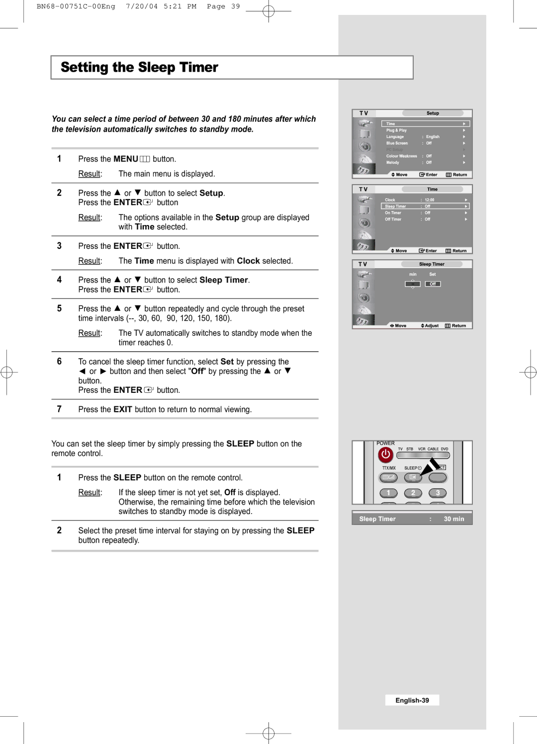 Samsung LE32A41B, LE26A41B manual Setting the Sleep Timer 