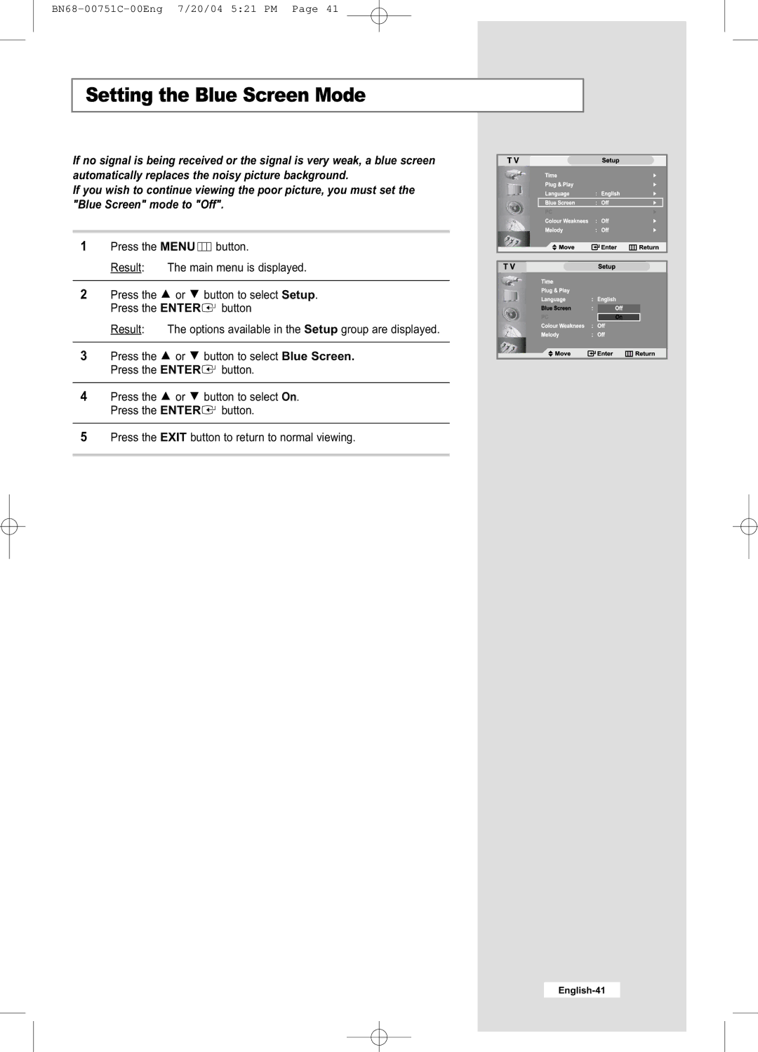 Samsung LE32A41B, LE26A41B manual Setting the Blue Screen Mode 