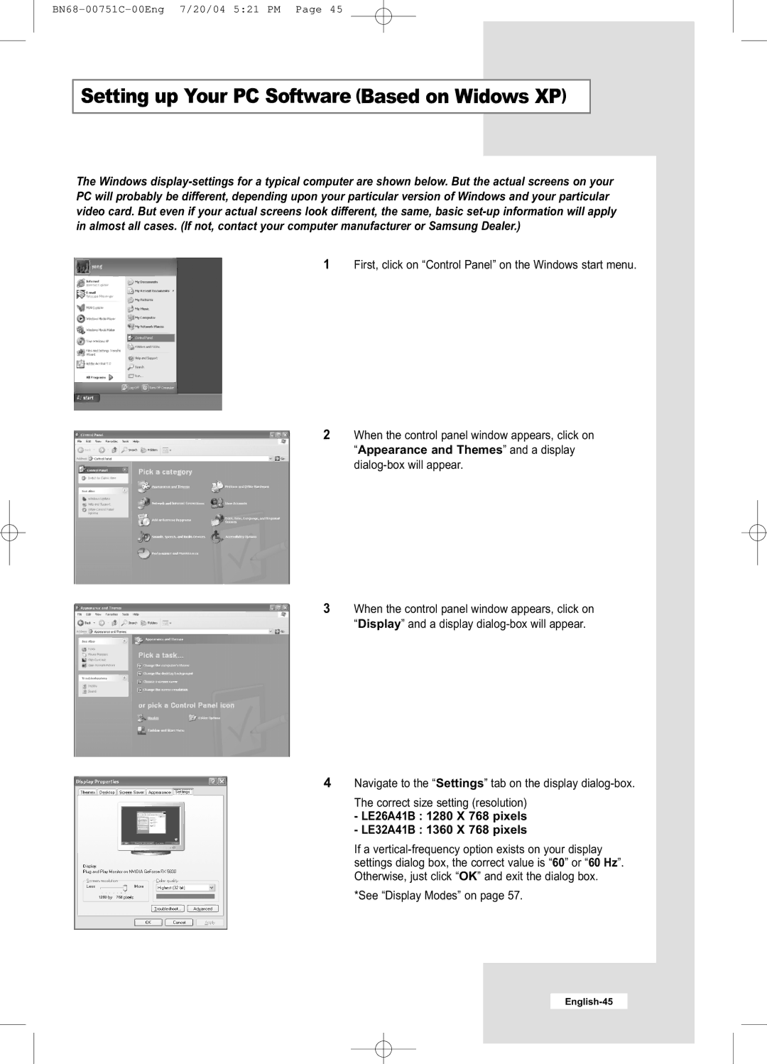 Samsung manual Setting up Your PC Software Based on Widows XP, LE26A41B 1280 X 768 pixels LE32A41B 1360 X 768 pixels 