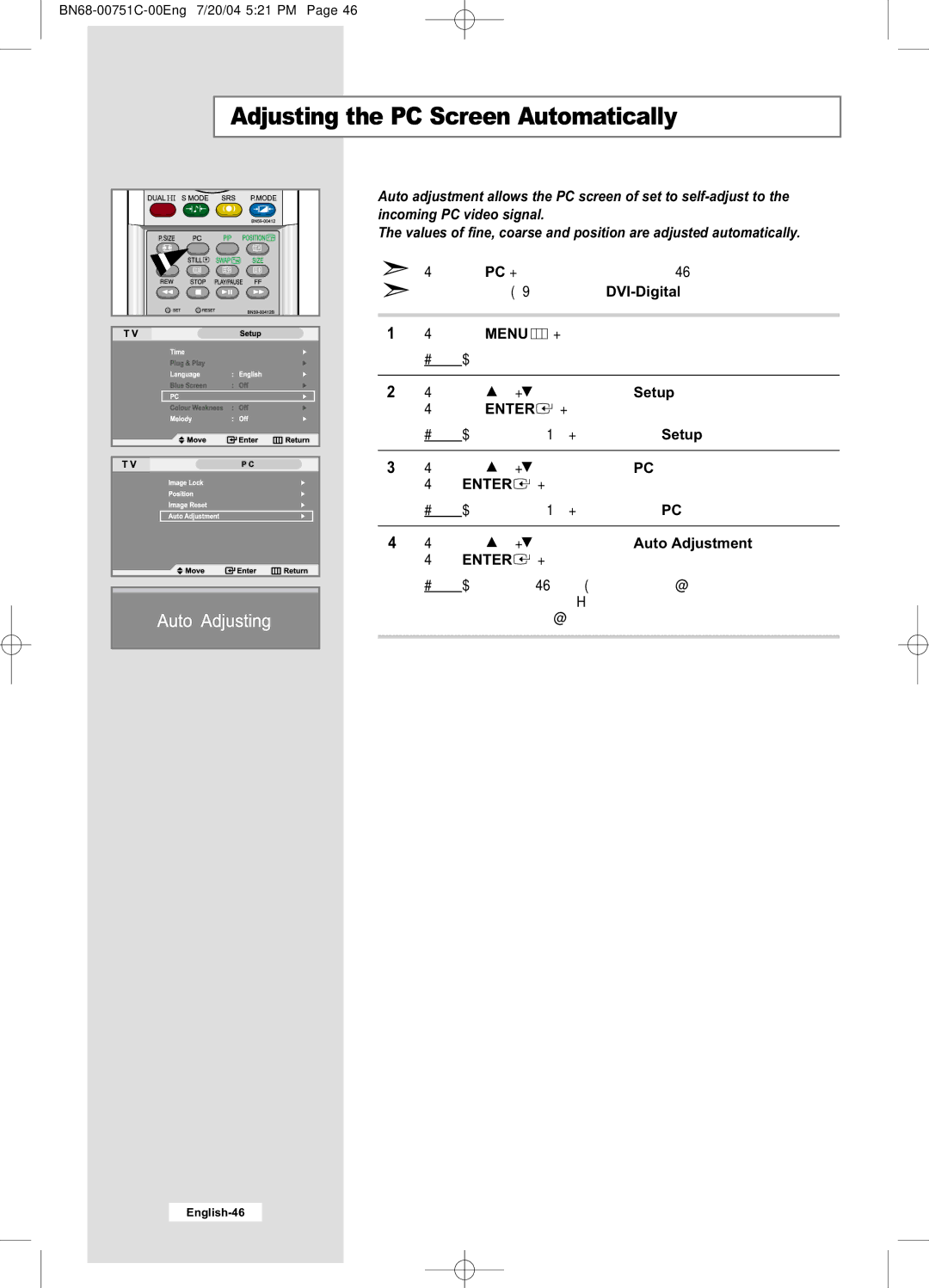 Samsung LE26A41B, LE32A41B manual Adjusting the PC Screen Automatically 