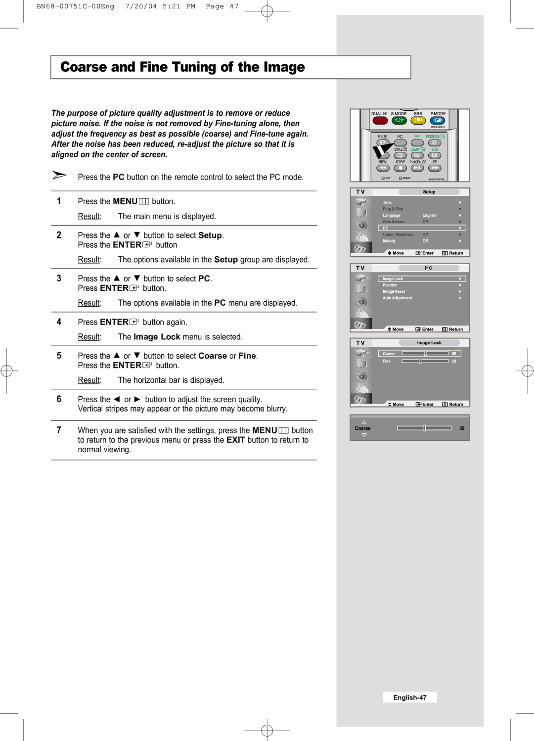 Samsung LE32A41B, LE26A41B manual Coarse and Fine Tuning of the Image 