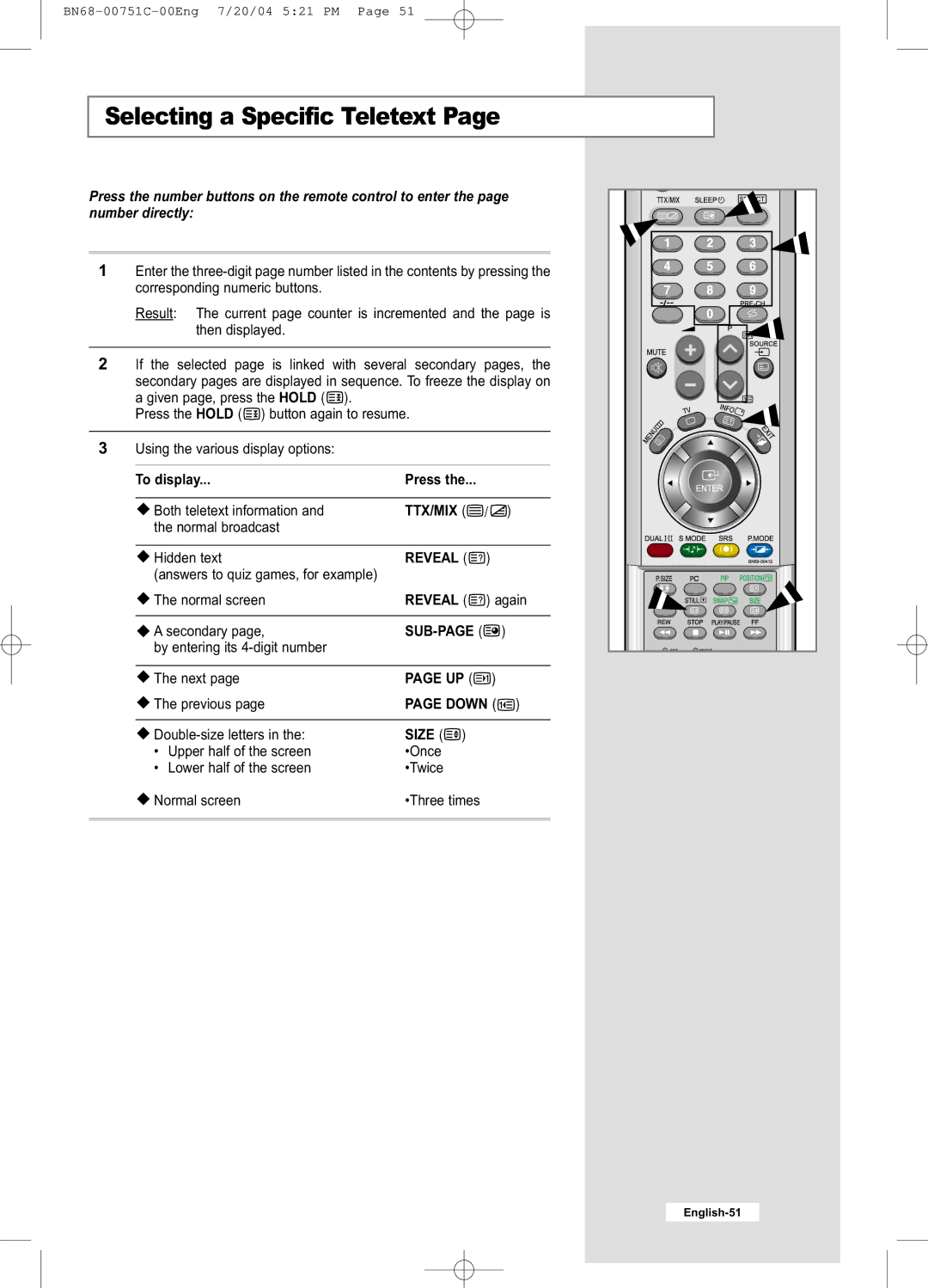 Samsung LE32A41B, LE26A41B manual Selecting a Specific Teletext, To display, Ttx/Mix, Reveal 