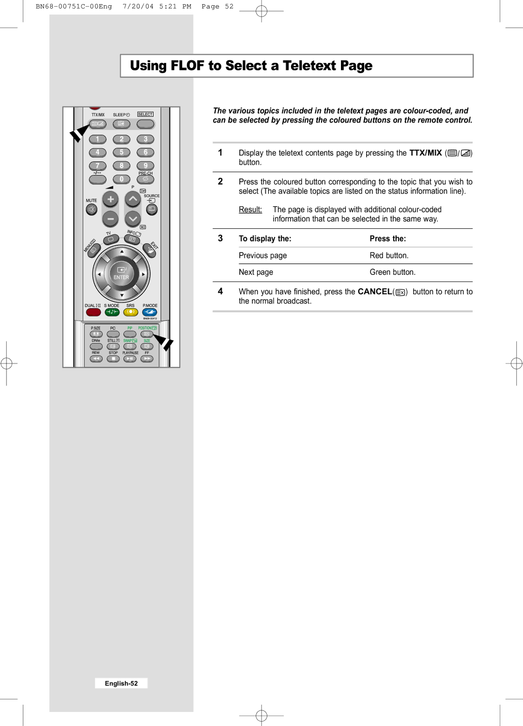 Samsung LE26A41B, LE32A41B manual Using Flof to Select a Teletext, To display Press 