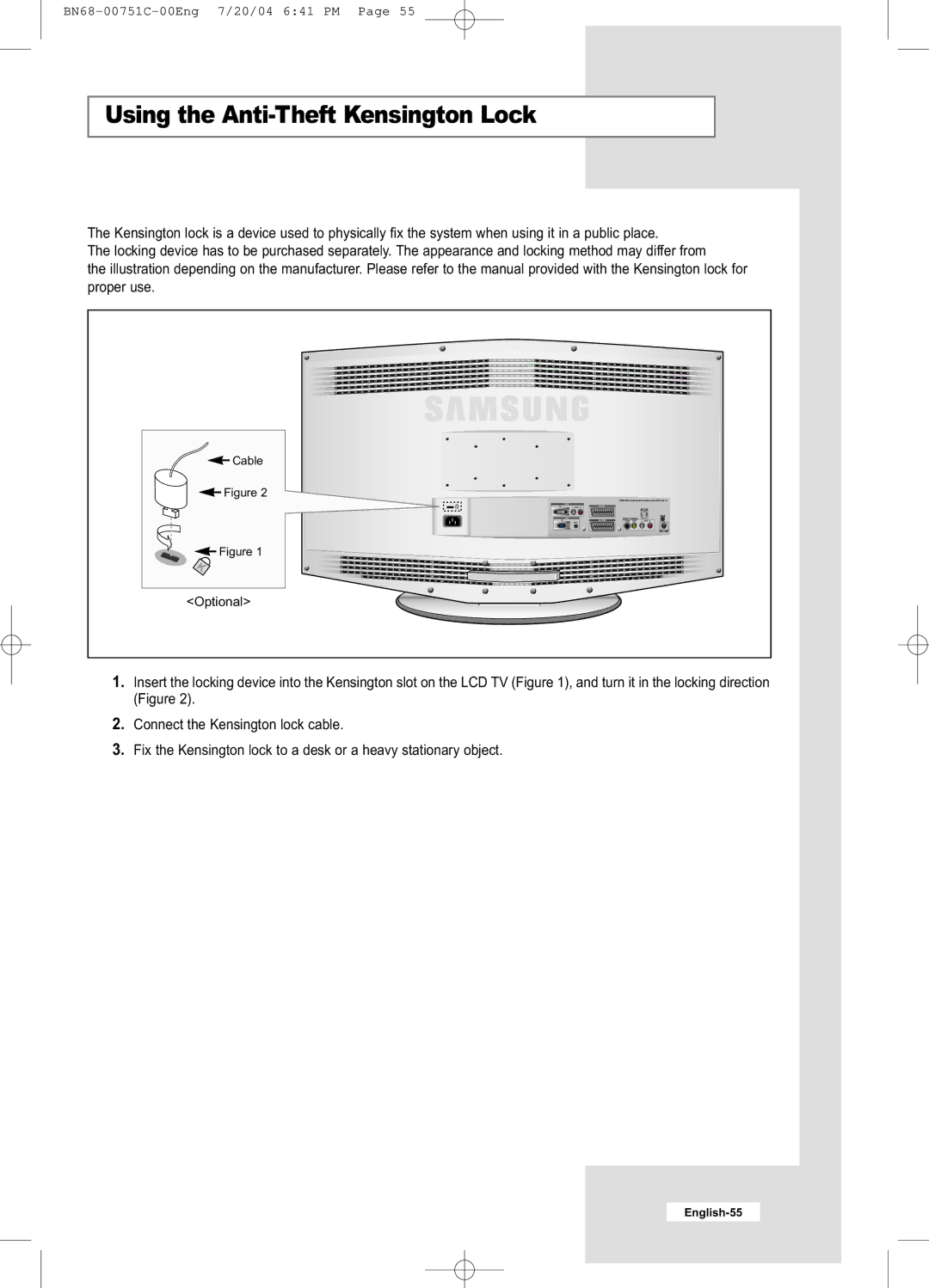 Samsung LE32A41B, LE26A41B manual Using the Anti-Theft Kensington Lock 