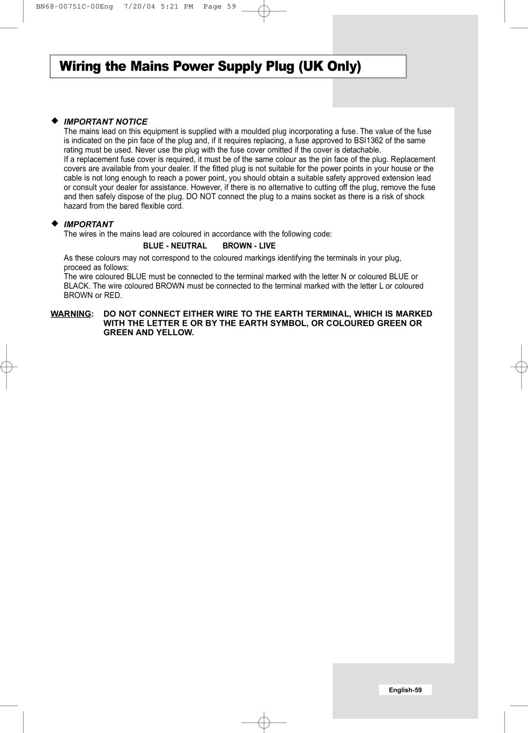 Samsung LE32A41B, LE26A41B manual Wiring the Mains Power Supply Plug UK Only, Blue Neutral Brown Live 
