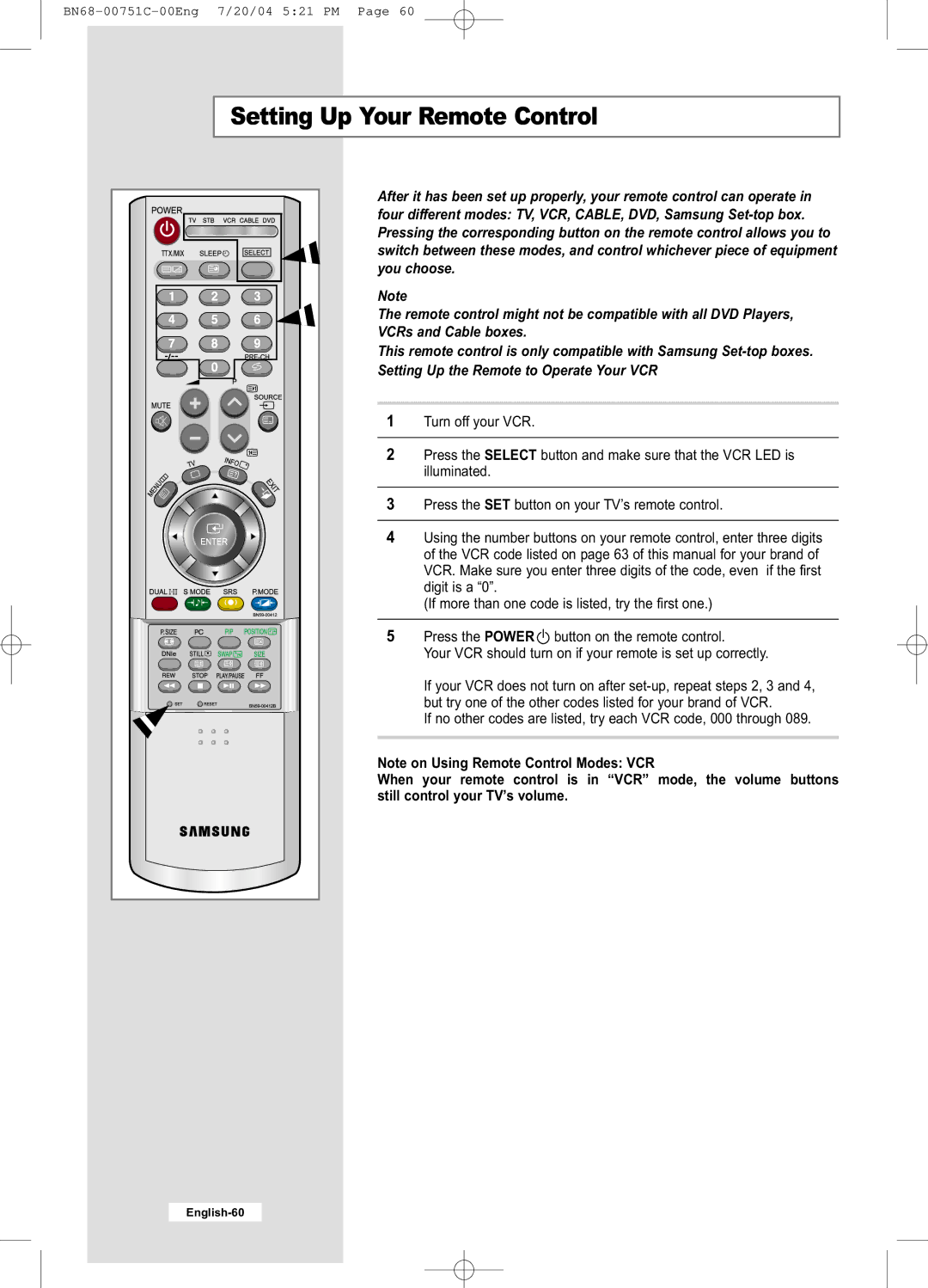 Samsung LE26A41B, LE32A41B manual Setting Up Your Remote Control 