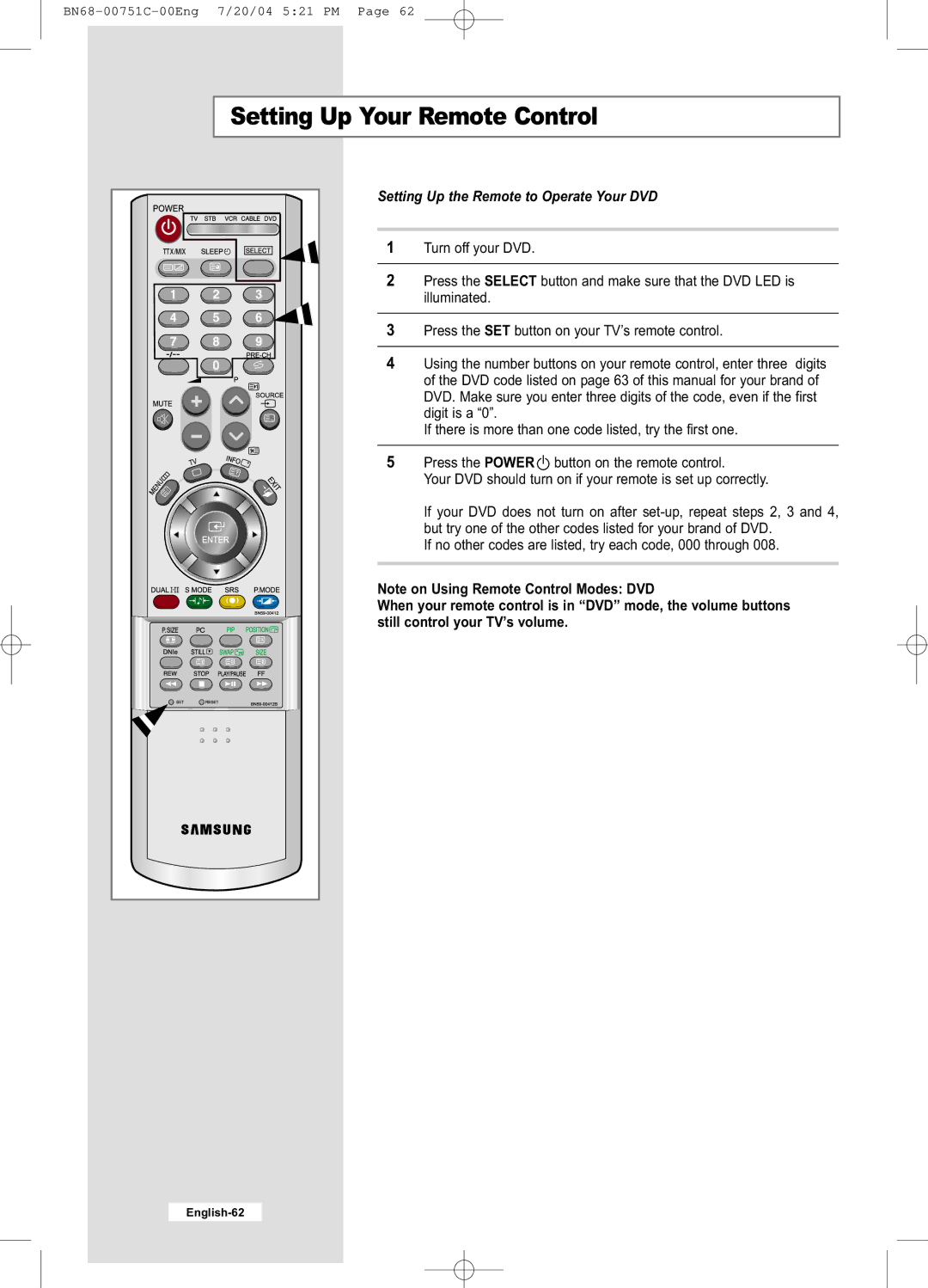 Samsung LE26A41B, LE32A41B manual Setting Up the Remote to Operate Your DVD 