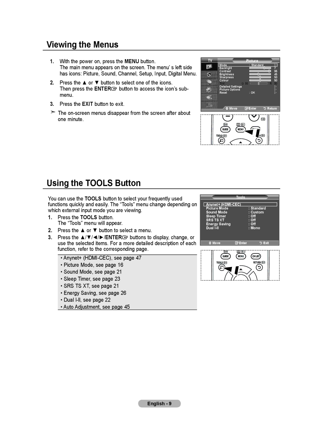 Samsung LE26A457 user manual Viewing the Menus, Using the Tools Button, With the power on, press the Menu button 