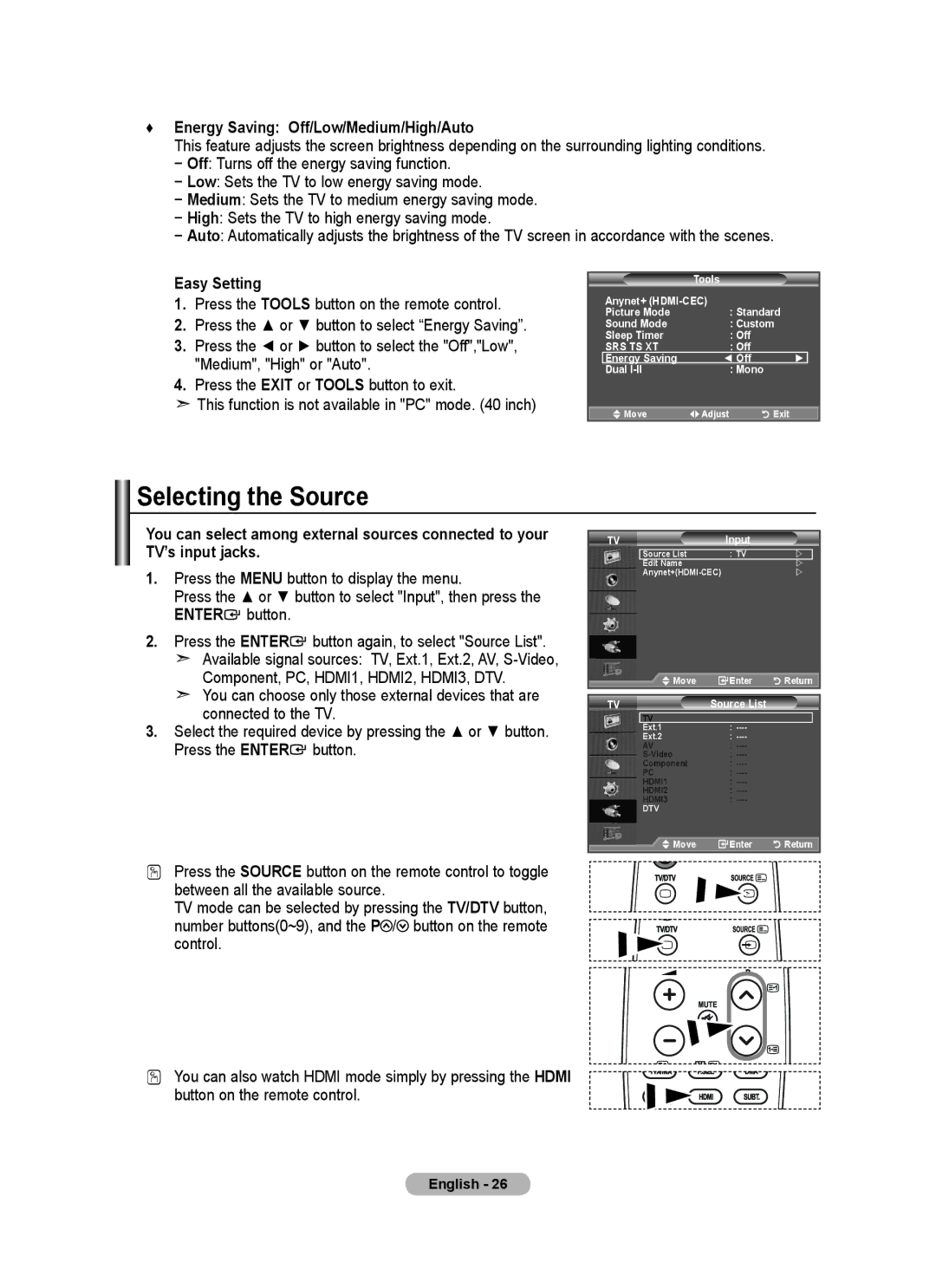 Samsung LE26A457 user manual Selecting the Source, Energy Saving Off/Low/Medium/High/Auto 