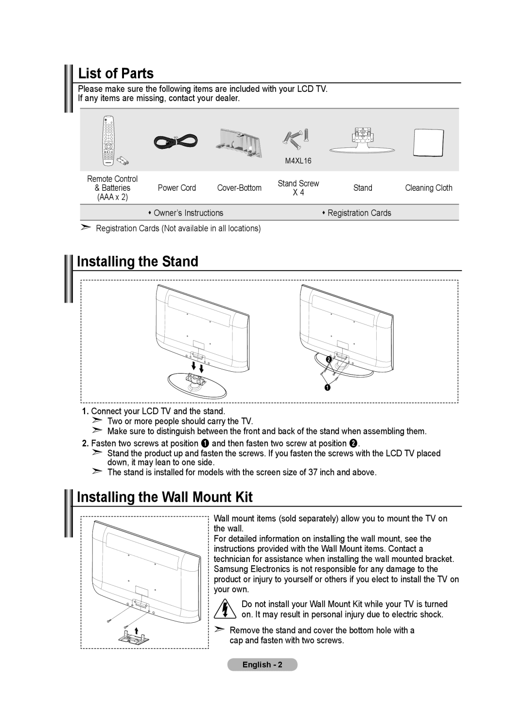 Samsung LE26A457 user manual List of Parts, Installing the Stand, Installing the Wall Mount Kit,  Owner’s Instructions 