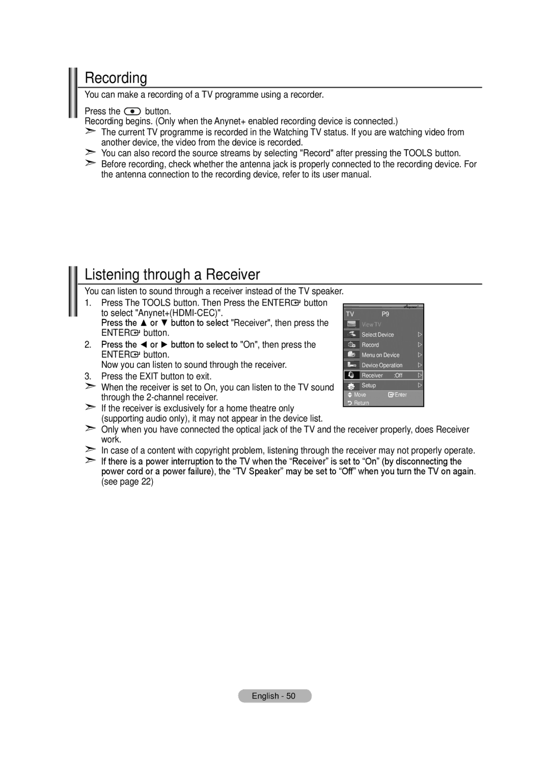 Samsung LE26A457 Recording, Listening through a Receiver, You can make a recording of a TV programme using a recorder, See 