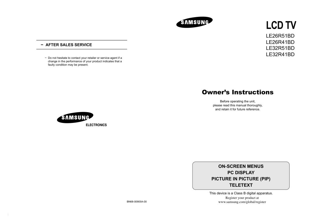 Samsung LE32R51BD, LE26R41BD, LE32R41BD, LE26R51BD manual Lcd Tv 