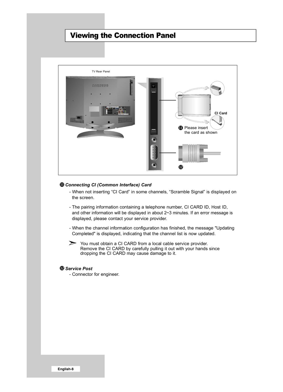 Samsung LE32R41BD, LE26R41BD, LE32R51BD, LE26R51BD manual Connecting CI Common Interface Card, Service Post 