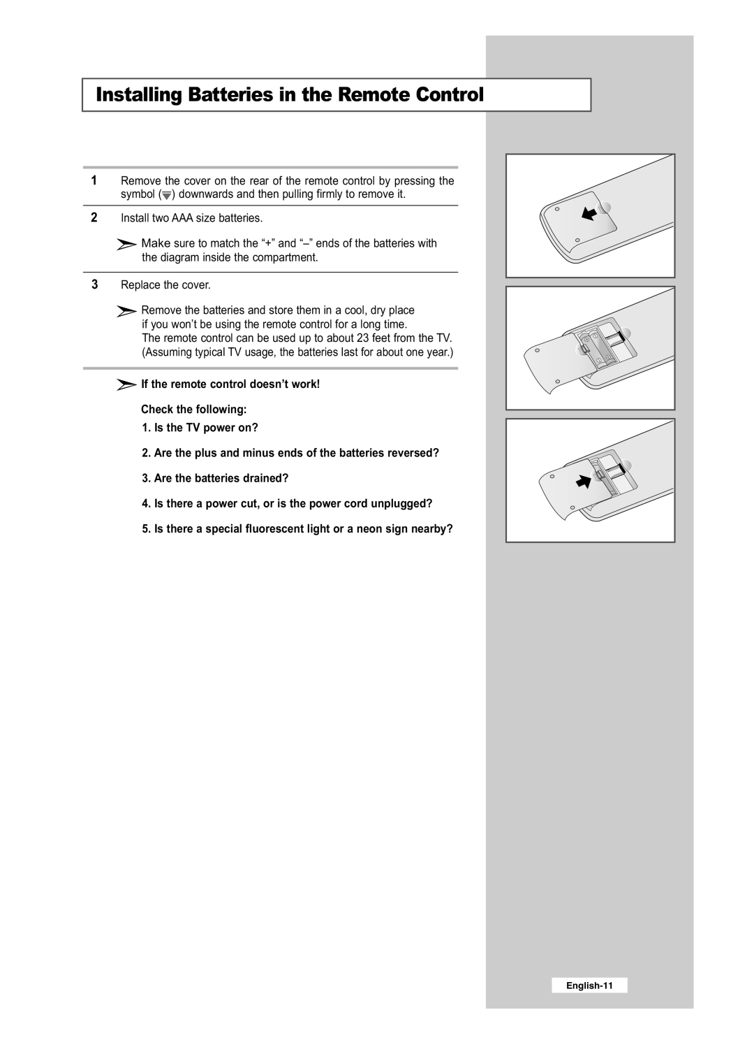 Samsung LE32R51BD, LE26R41BD, LE32R41BD, LE26R51BD manual Installing Batteries in the Remote Control 