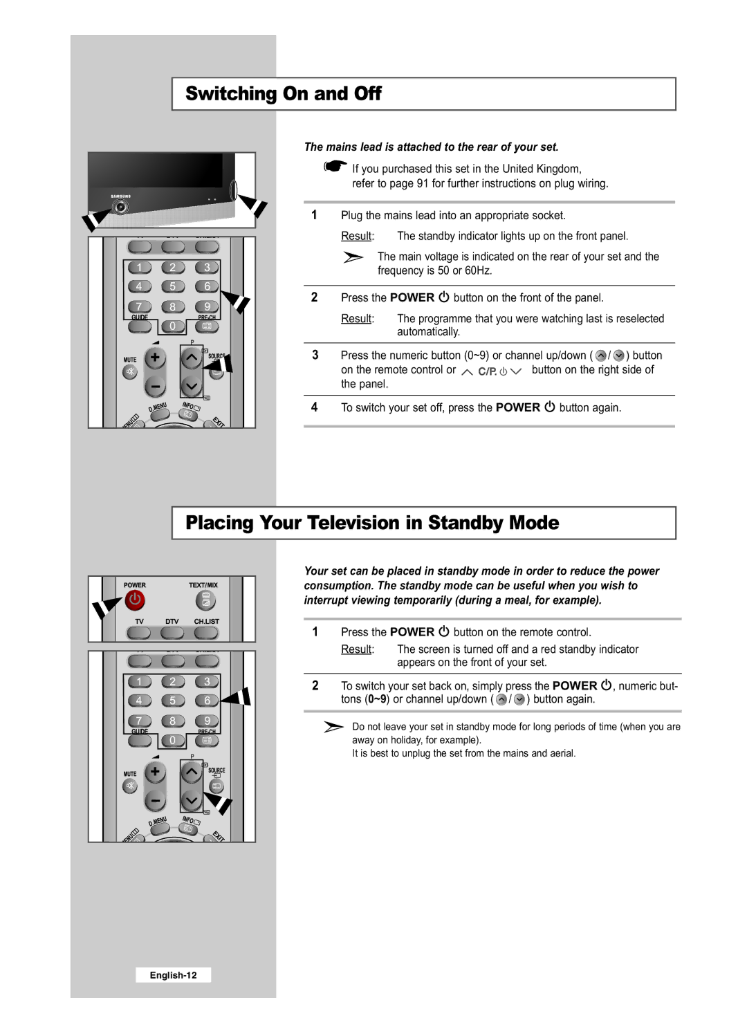 Samsung LE32R41BD, LE26R41BD, LE32R51BD, LE26R51BD manual Switching On and Off, Placing Your Television in Standby Mode 