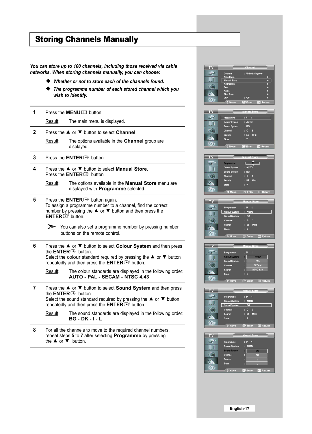 Samsung LE26R51BD, LE26R41BD, LE32R51BD, LE32R41BD manual Storing Channels Manually, Bg Dk I L 