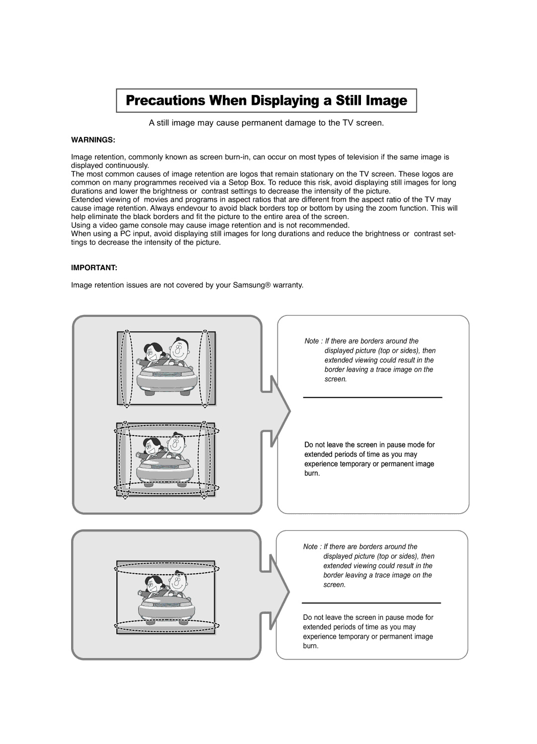 Samsung LE32R41BD manual Precautions When Displaying a Still Image, Still image may cause permanent damage to the TV screen 