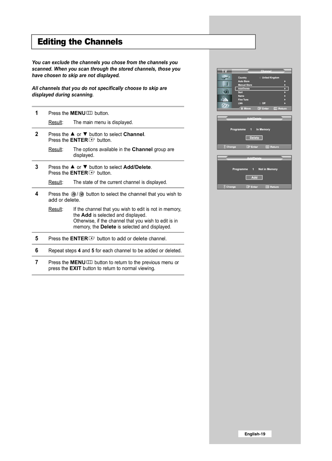 Samsung LE32R51BD, LE26R41BD, LE32R41BD, LE26R51BD manual Editing the Channels 