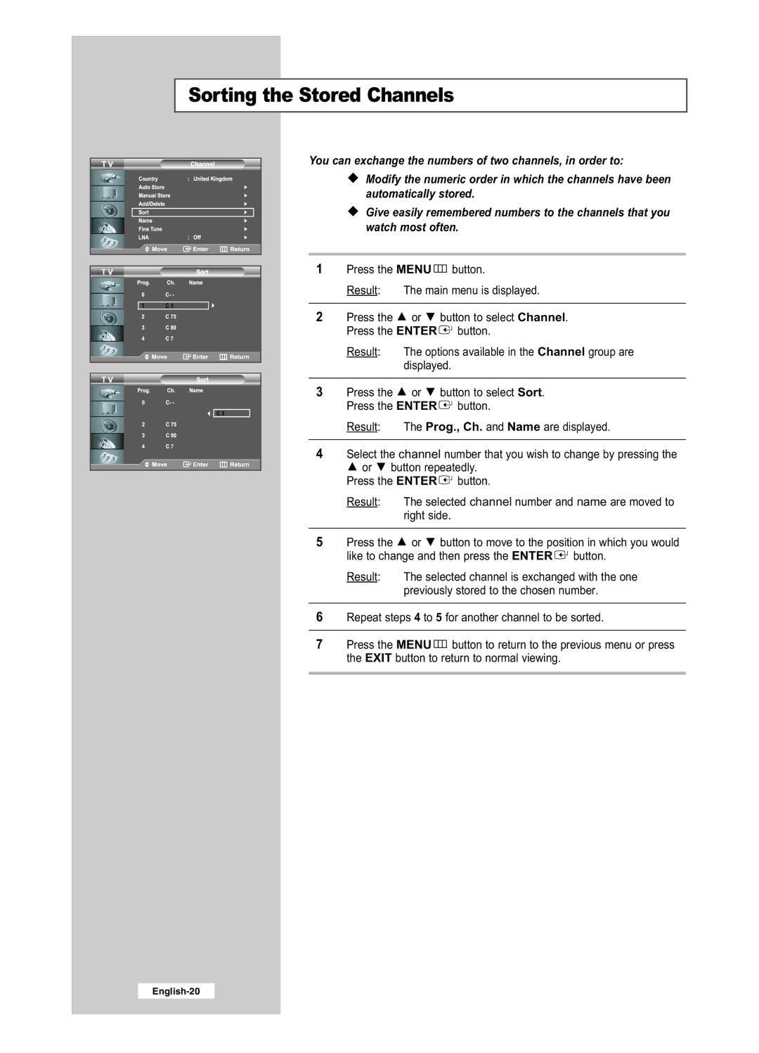 Samsung LE32R41BD, LE26R41BD, LE32R51BD, LE26R51BD manual Sorting the Stored Channels 