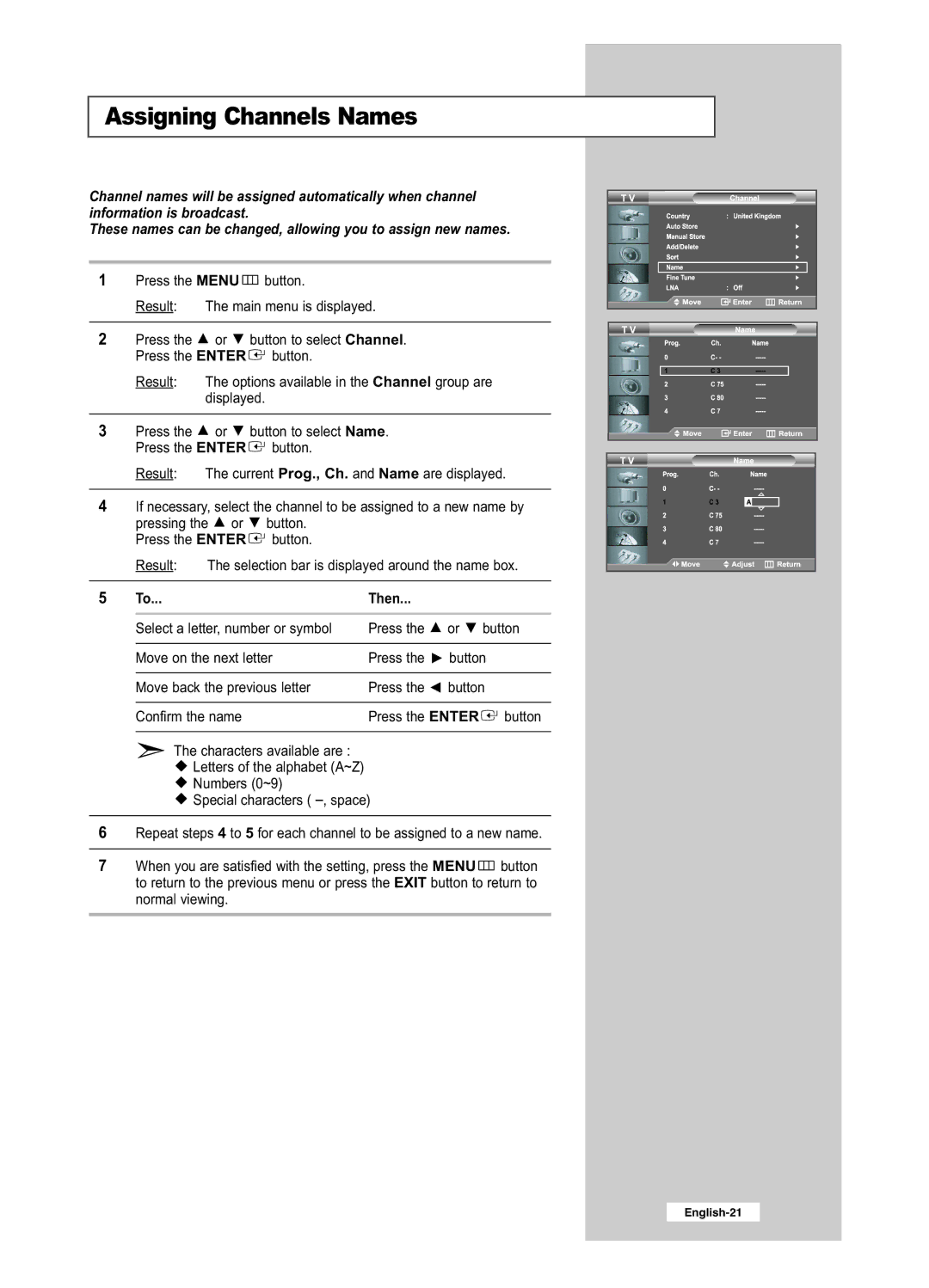 Samsung LE26R51BD, LE26R41BD, LE32R51BD, LE32R41BD manual Assigning Channels Names, Then 