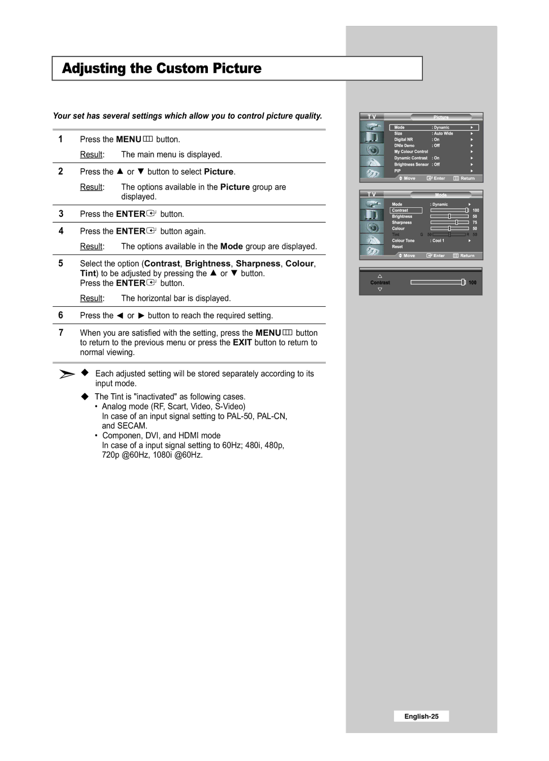 Samsung LE26R51BD, LE26R41BD, LE32R51BD, LE32R41BD manual Adjusting the Custom Picture 