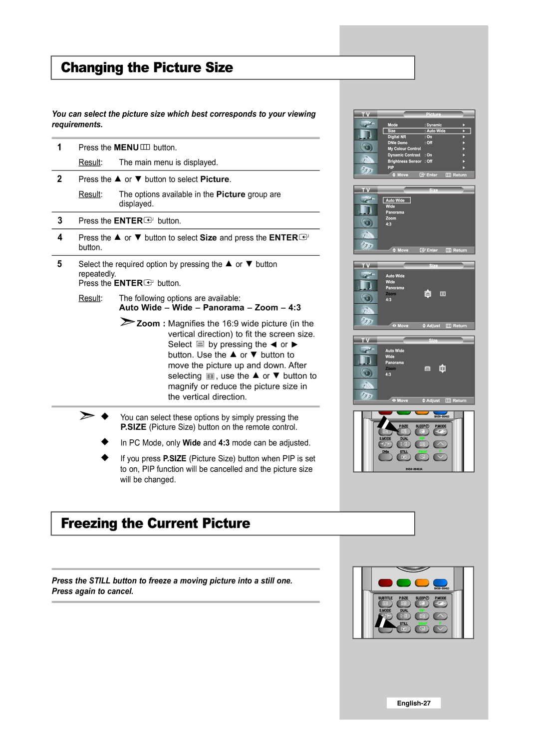 Samsung LE32R51BD, LE26R41BD manual Changing the Picture Size, Freezing the Current Picture, Auto Wide Wide Panorama Zoom 