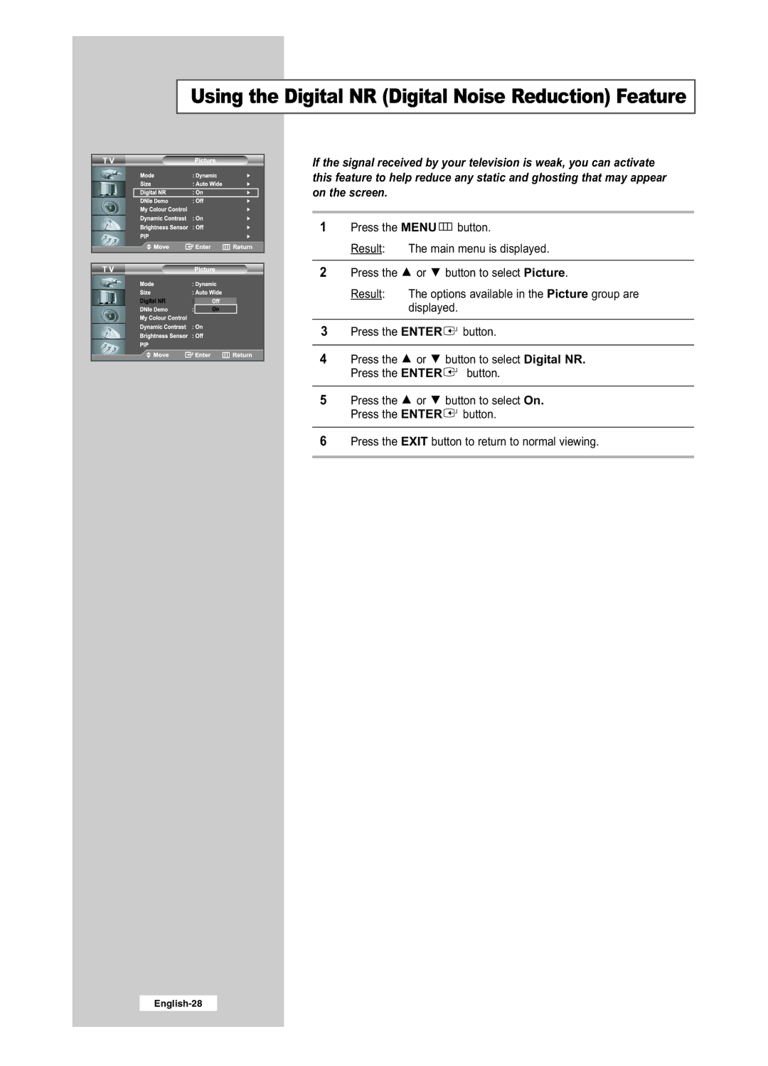 Samsung LE32R41BD, LE26R41BD, LE32R51BD, LE26R51BD manual Using the Digital NR Digital Noise Reduction Feature 