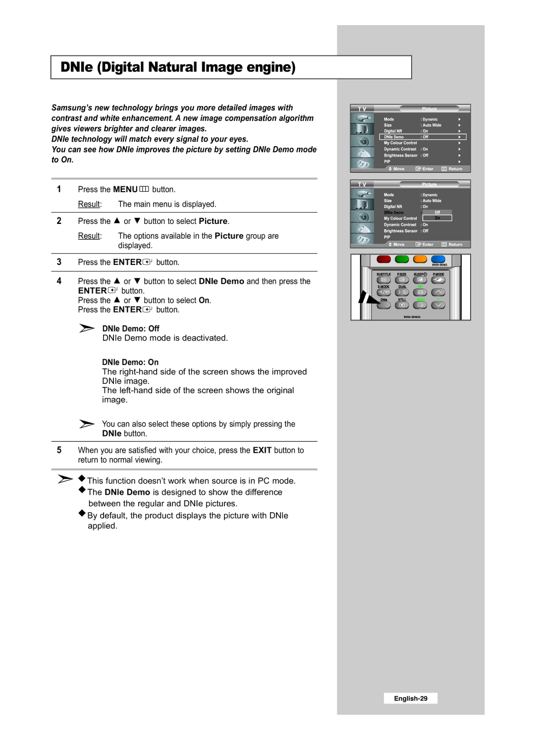 Samsung LE26R51BD, LE26R41BD, LE32R51BD, LE32R41BD manual DNIe Digital Natural Image engine, DNIe Demo Off, DNIe Demo On 