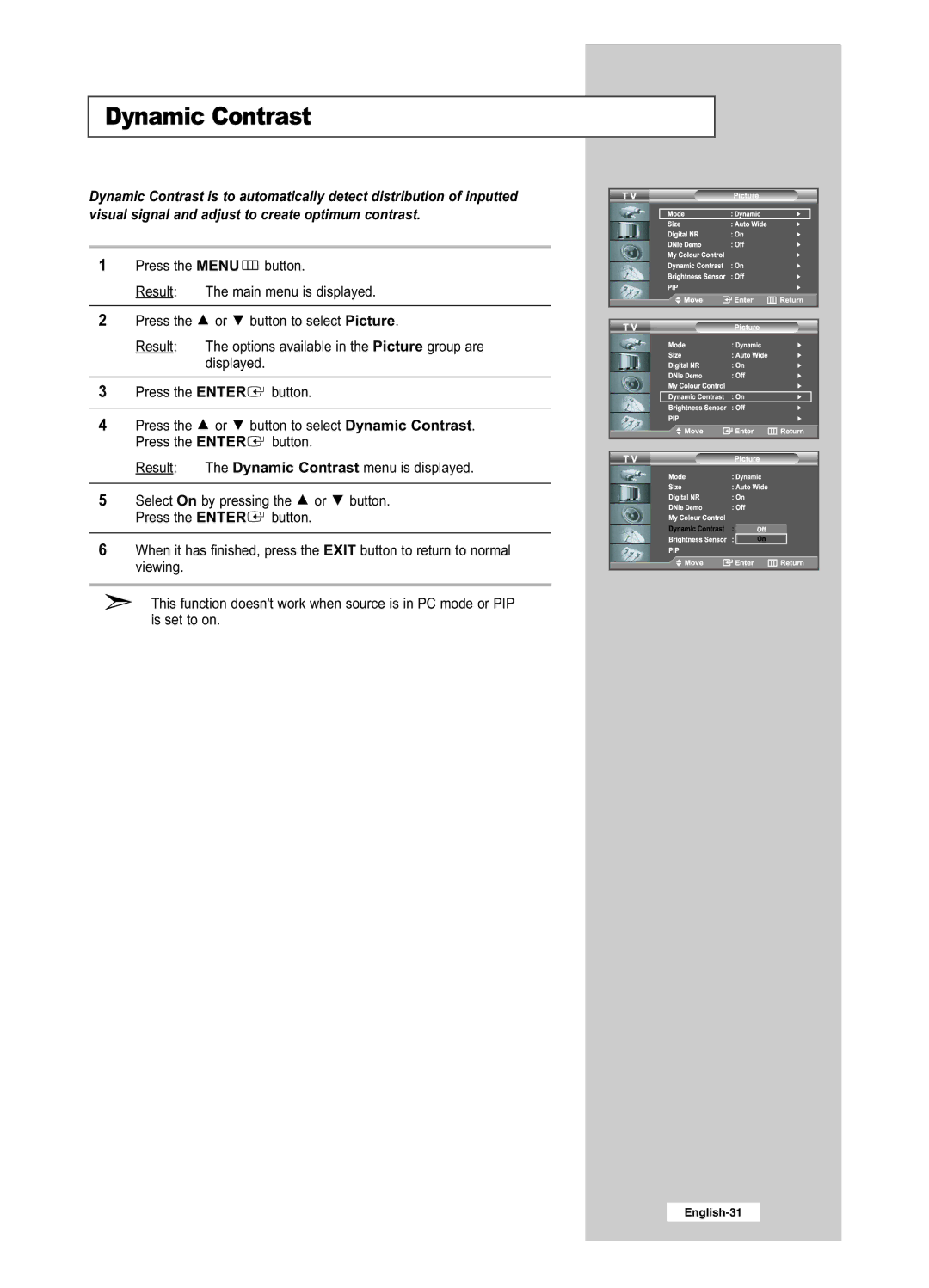 Samsung LE32R51BD, LE26R41BD, LE32R41BD, LE26R51BD manual Dynamic Contrast 