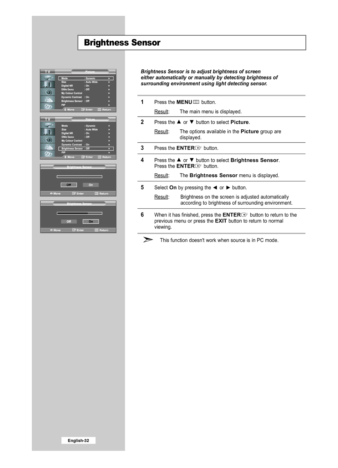 Samsung LE32R41BD, LE26R41BD, LE32R51BD, LE26R51BD manual Brightness Sensor is to adjust brightness of screen 