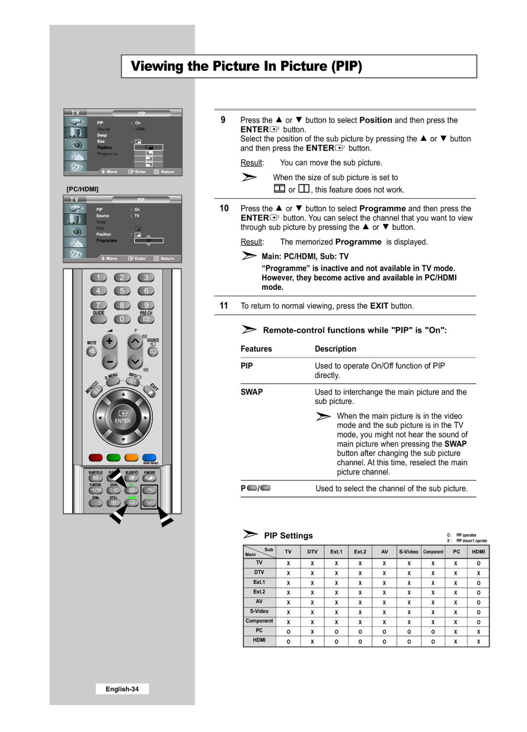 Samsung LE26R41BD, LE32R51BD, LE32R41BD, LE26R51BD manual Swap, PIP Settings 