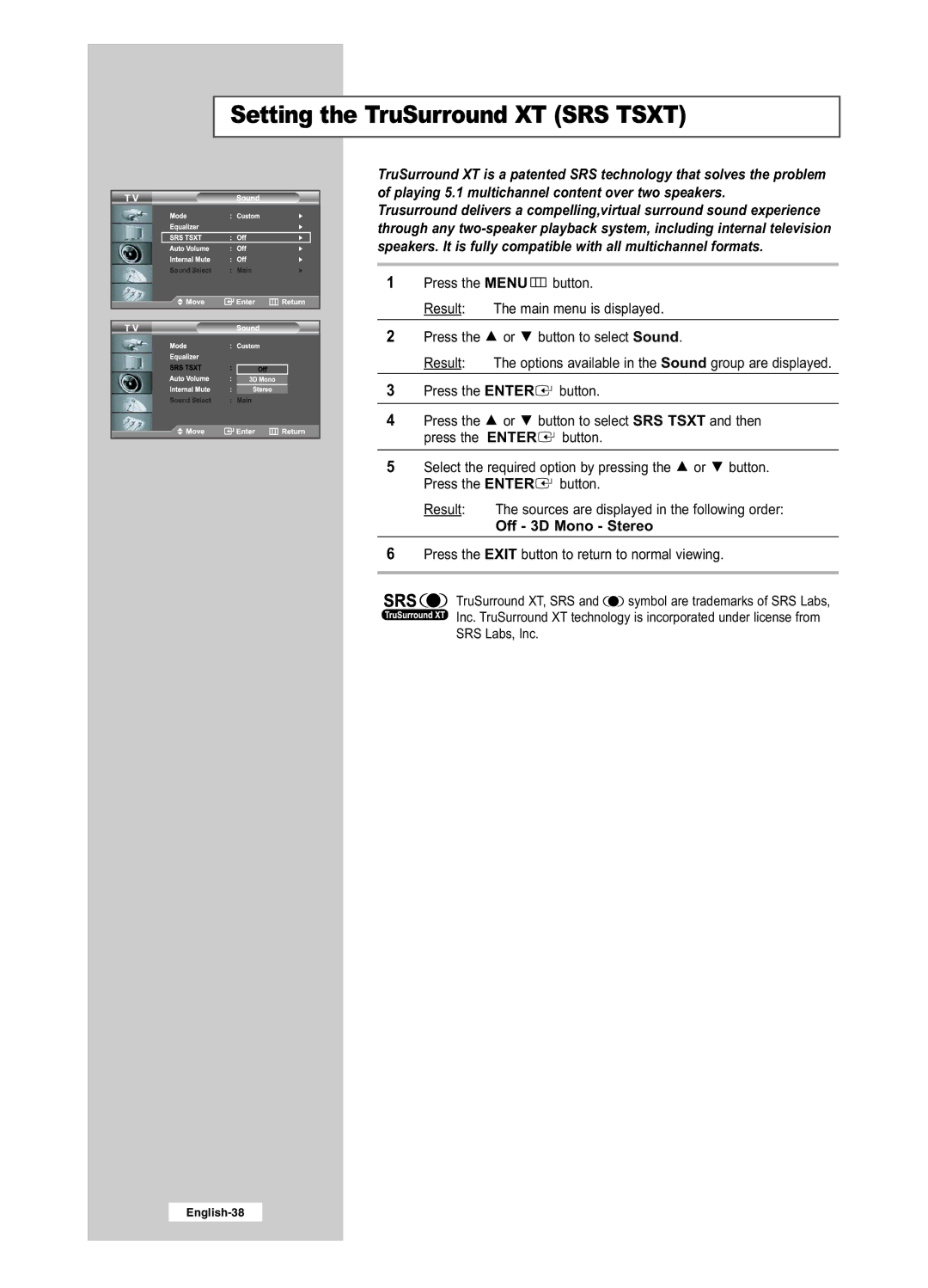 Samsung LE26R41BD, LE32R51BD, LE32R41BD, LE26R51BD manual Setting the TruSurround XT SRS Tsxt, Off 3D Mono Stereo 