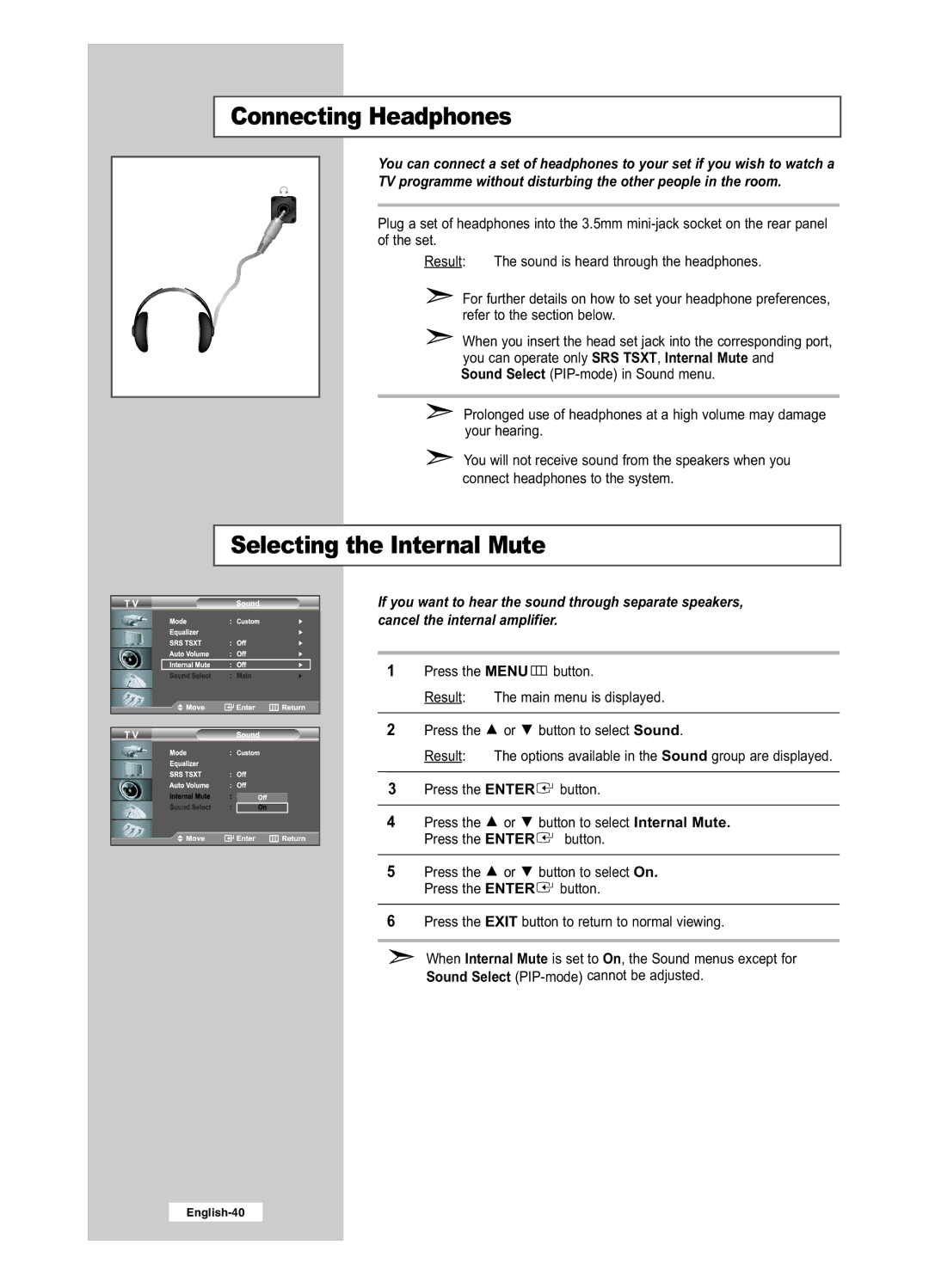 Samsung LE32R41BD, LE26R41BD, LE32R51BD, LE26R51BD manual Connecting Headphones, Selecting the Internal Mute 