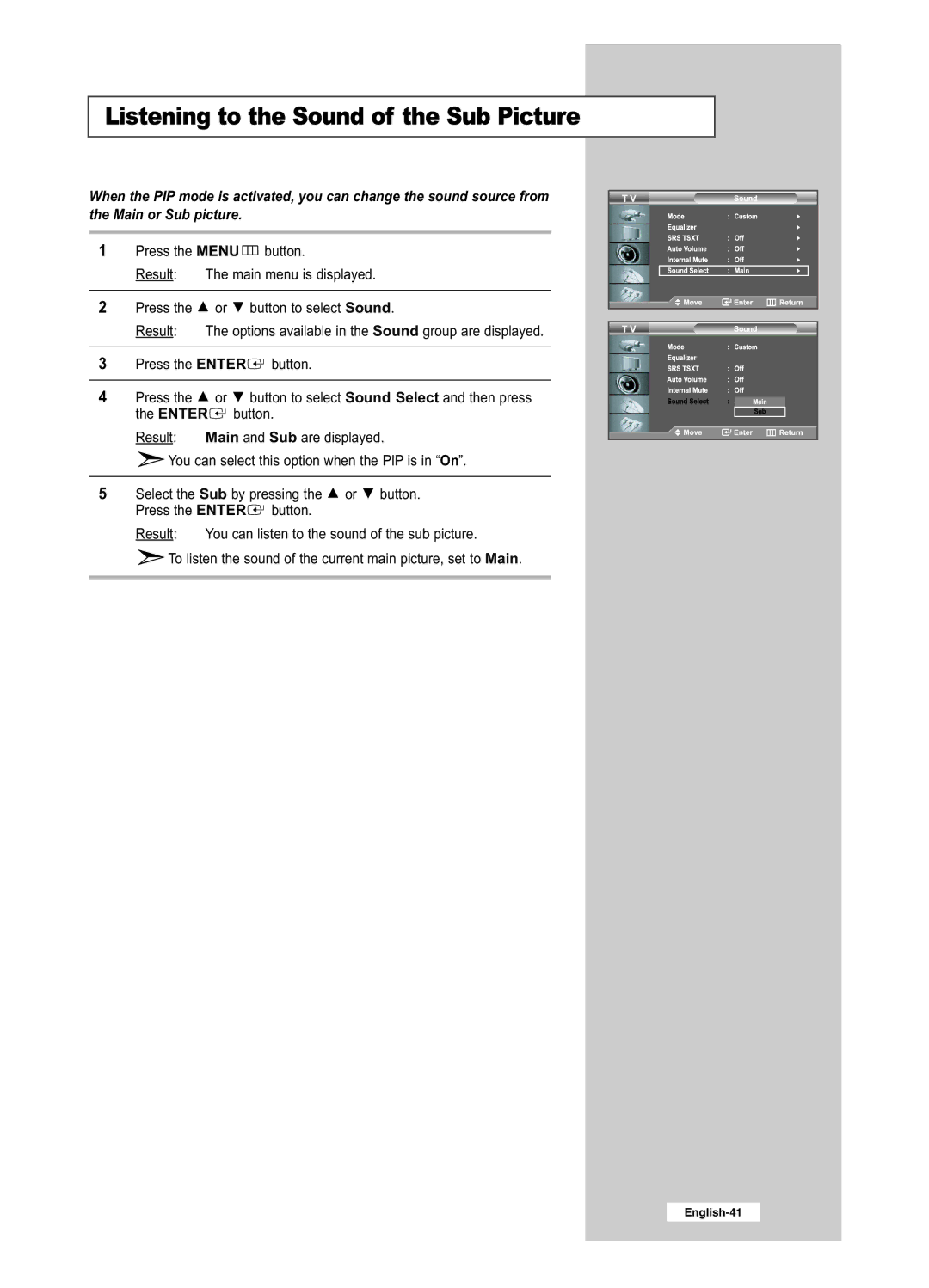 Samsung LE26R51BD, LE26R41BD, LE32R51BD, LE32R41BD manual Listening to the Sound of the Sub Picture 