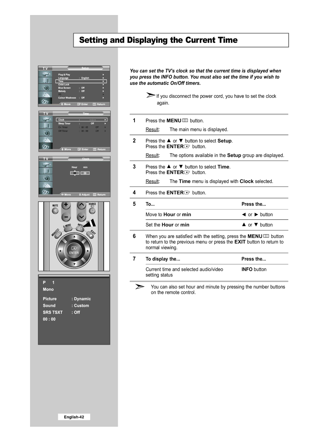 Samsung LE26R41BD, LE32R51BD, LE32R41BD, LE26R51BD manual Setting and Displaying the Current Time, To display Press 