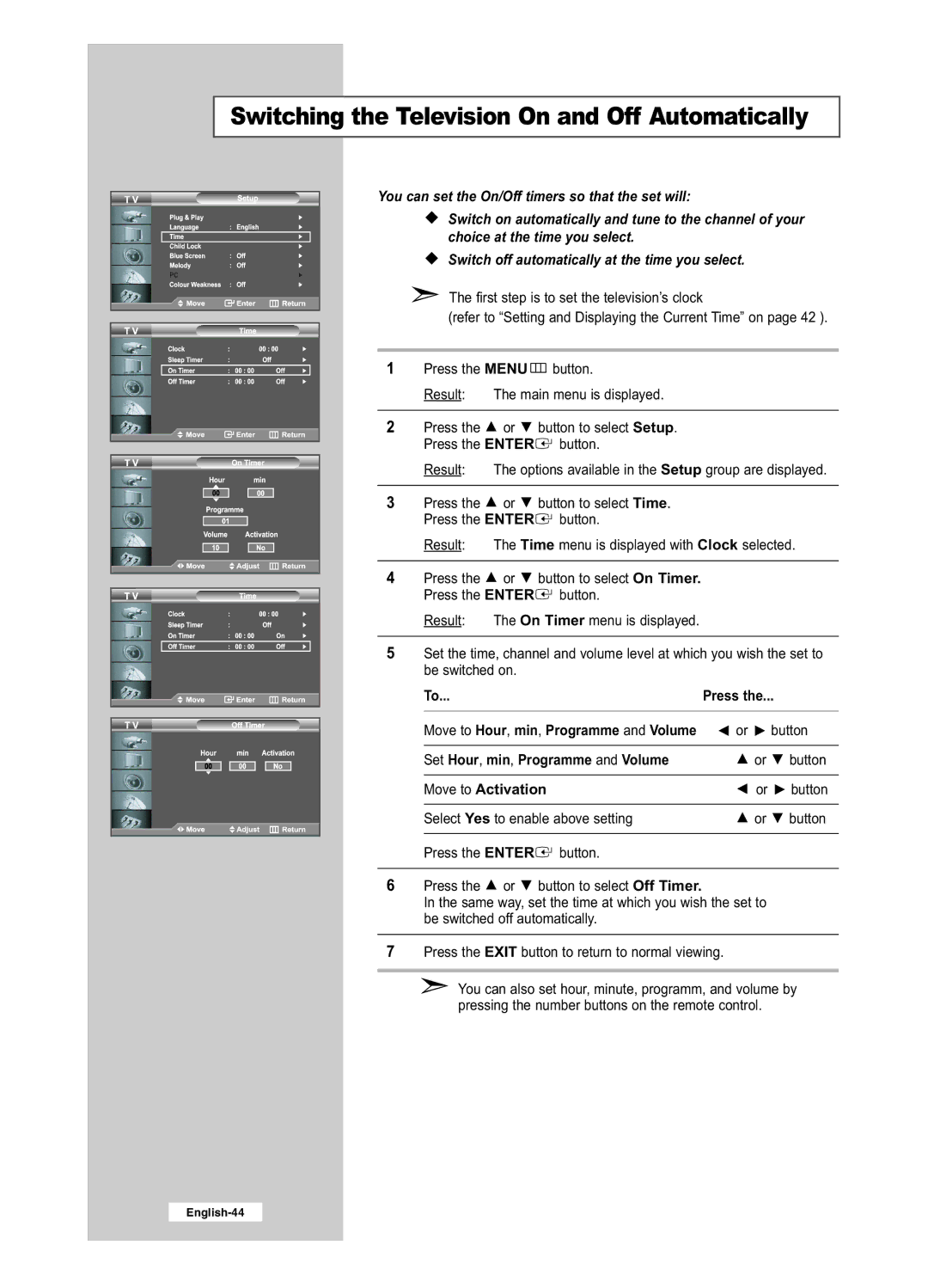 Samsung LE32R41BD, LE26R41BD, LE32R51BD, LE26R51BD manual Set Hour , min , Programme and Volume, Move to Activation 