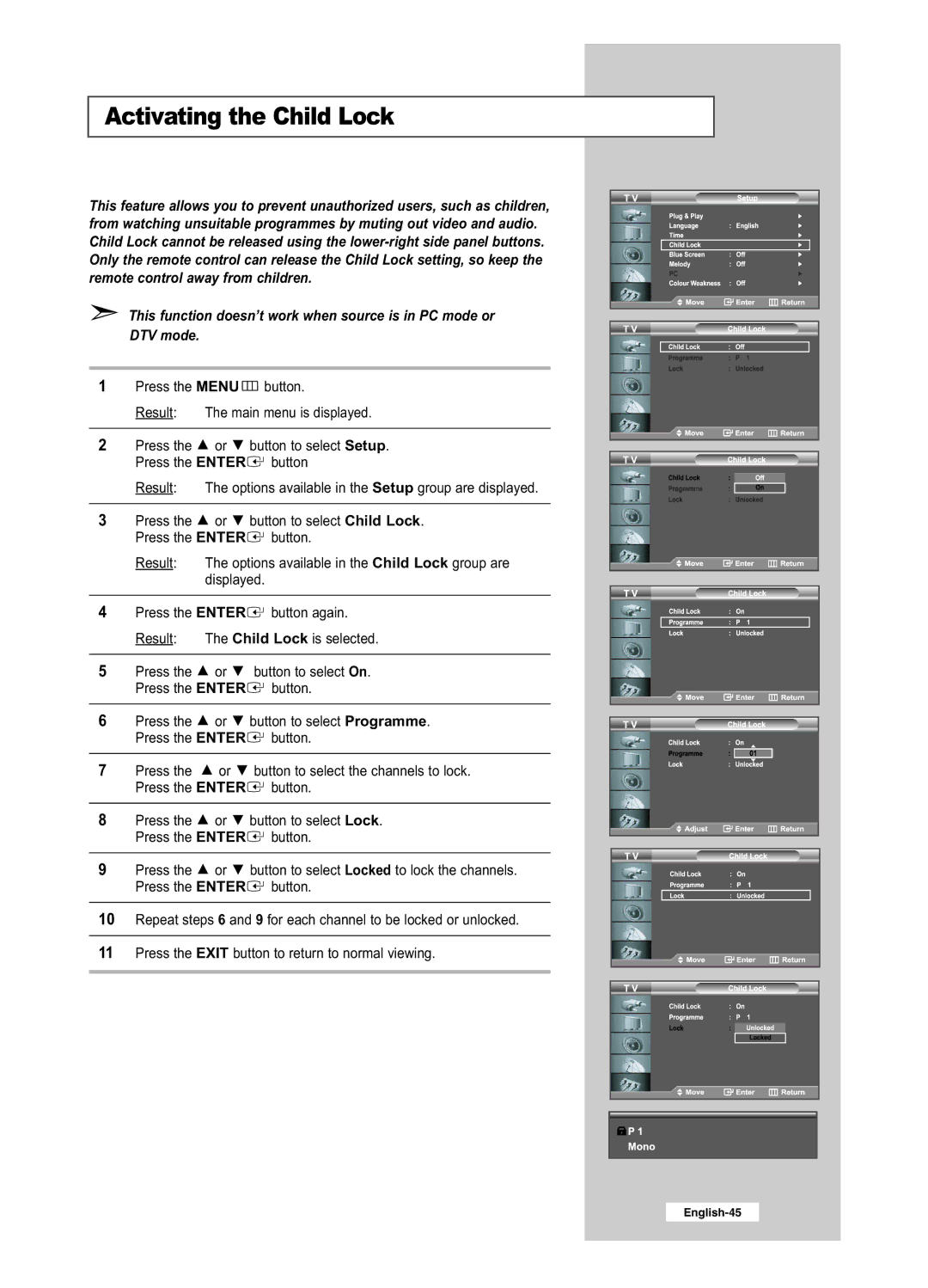 Samsung LE26R51BD, LE26R41BD, LE32R51BD, LE32R41BD manual Activating the Child Lock 