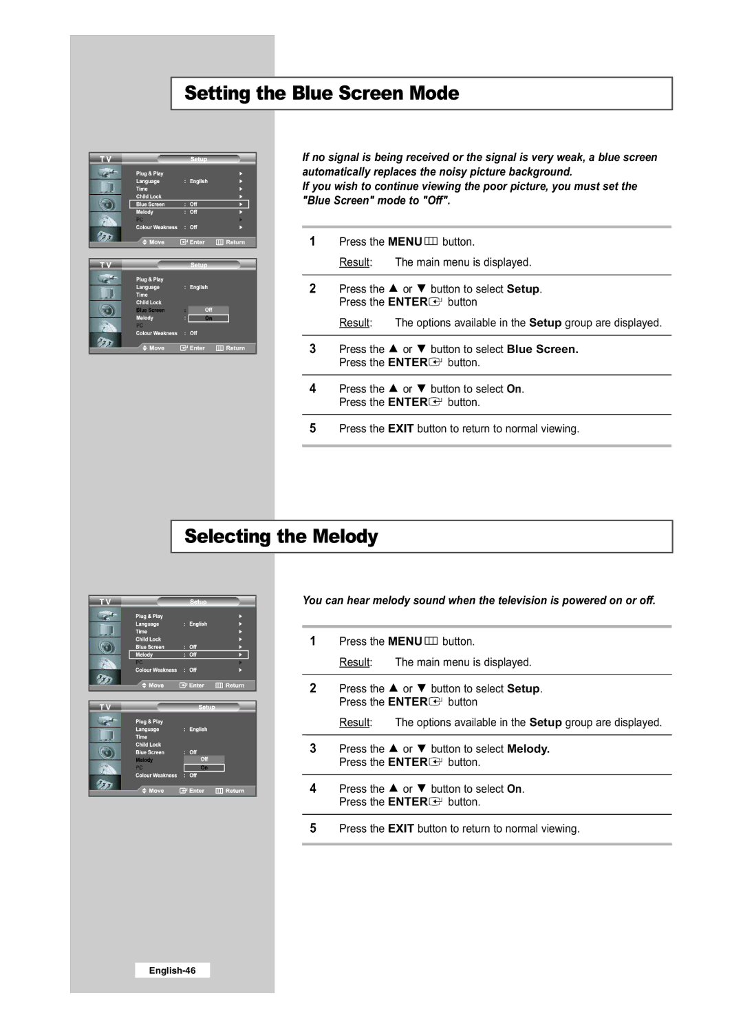 Samsung LE26R41BD, LE32R51BD, LE32R41BD, LE26R51BD manual Setting the Blue Screen Mode, Selecting the Melody 