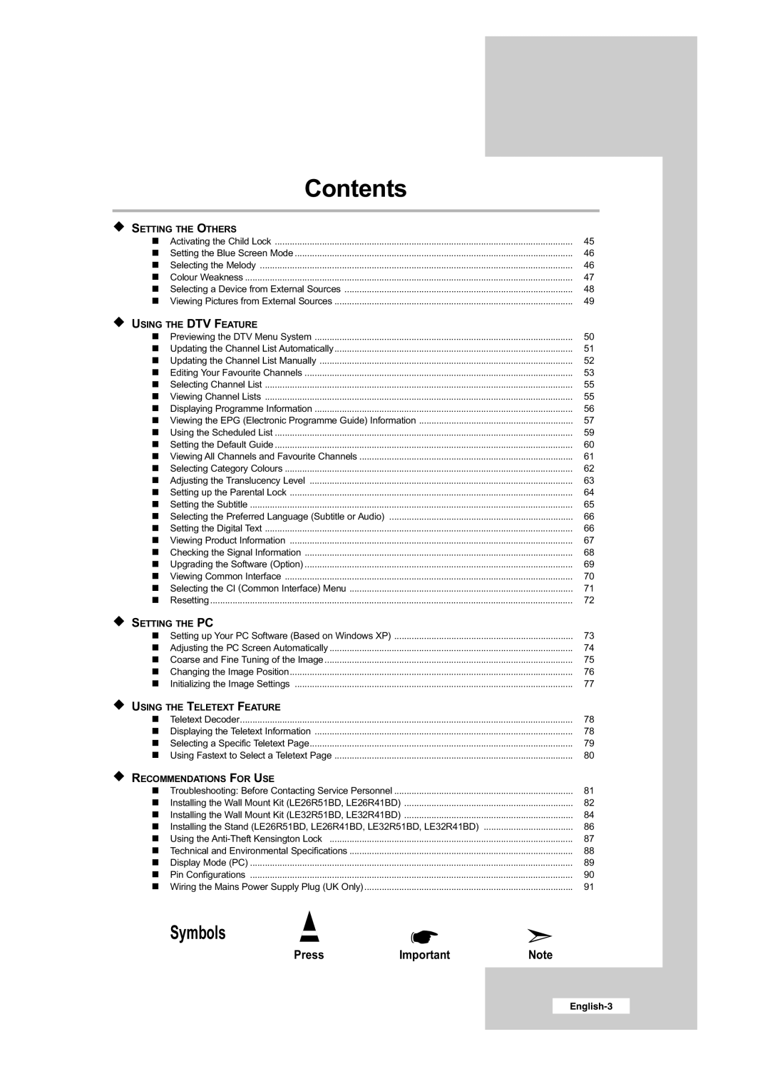 Samsung LE32R51BD, LE26R41BD, LE32R41BD, LE26R51BD manual Press, Setting the Others 