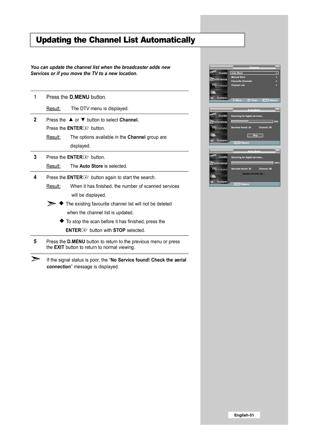 Samsung LE32R51BD, LE26R41BD, LE32R41BD, LE26R51BD manual Updating the Channel List Automatically, Press the D.MENU button 