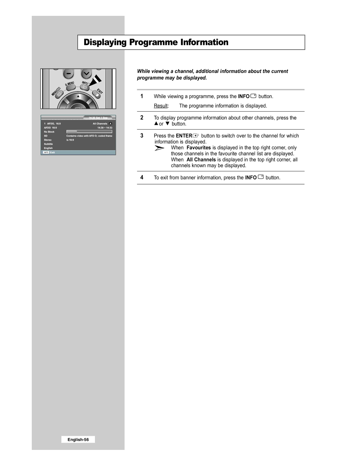 Samsung LE32R41BD, LE26R41BD, LE32R51BD, LE26R51BD manual Displaying Programme Information 