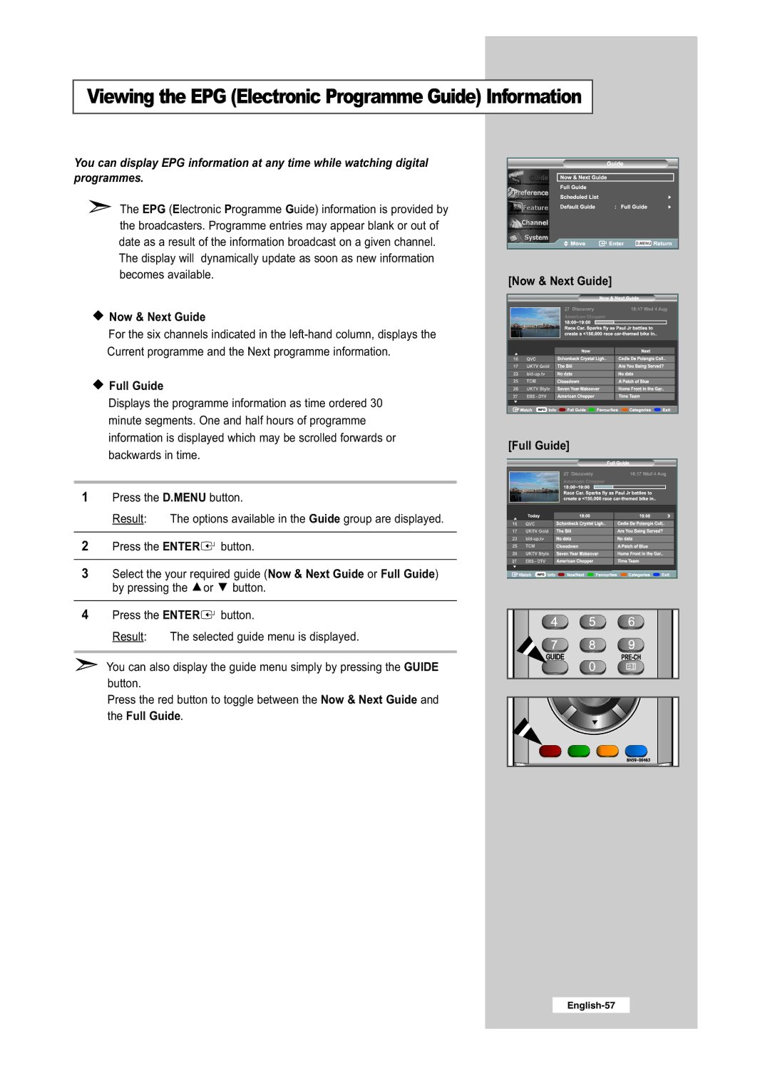 Samsung LE26R51BD, LE26R41BD, LE32R51BD, LE32R41BD manual Now & Next Guide, Full Guide 