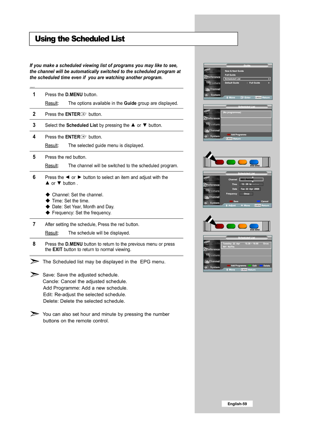 Samsung LE32R51BD, LE26R41BD, LE32R41BD, LE26R51BD manual Using the Scheduled List 