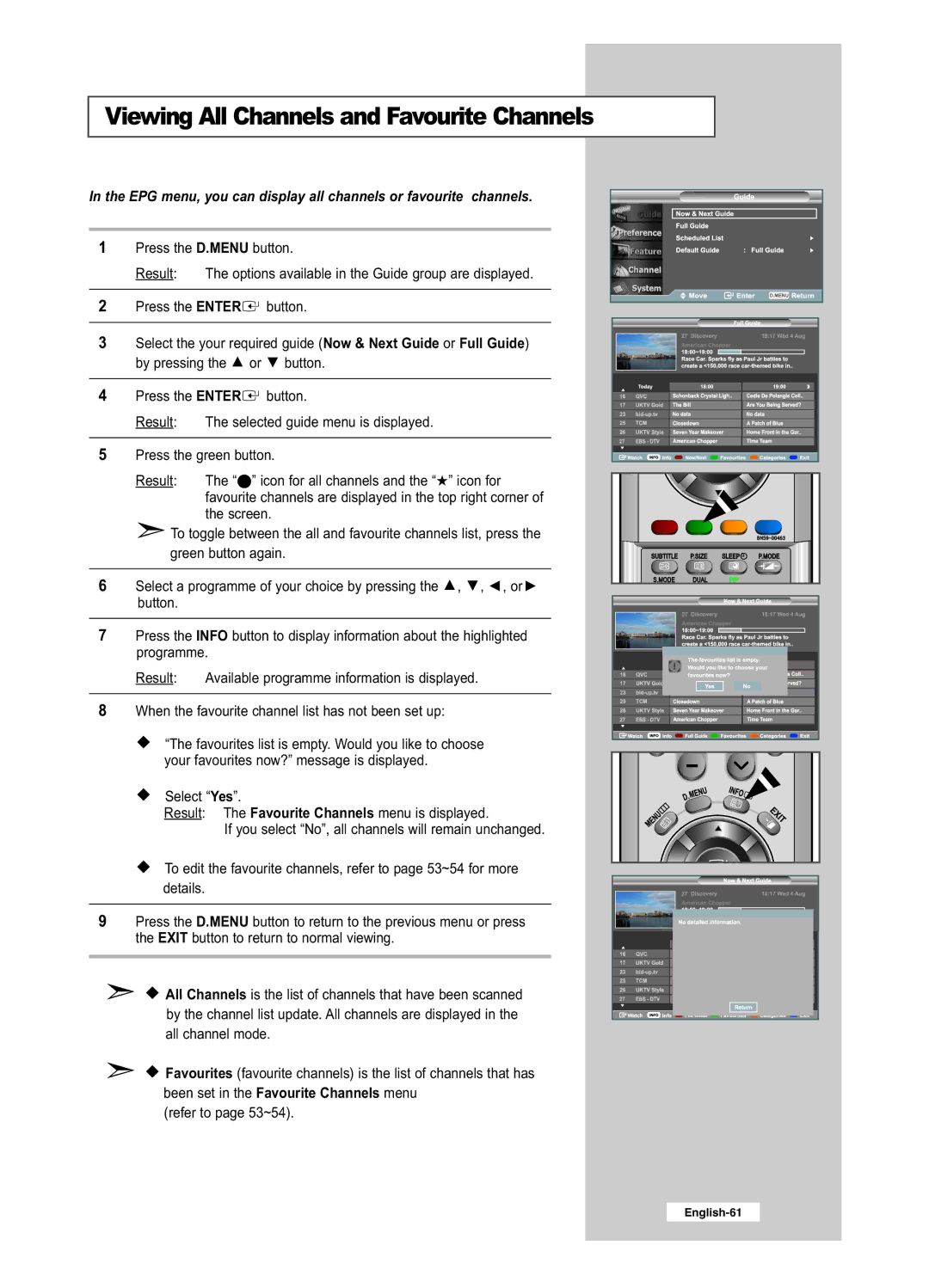 Samsung LE26R51BD, LE26R41BD, LE32R51BD, LE32R41BD manual Viewing All Channels and Favourite Channels 